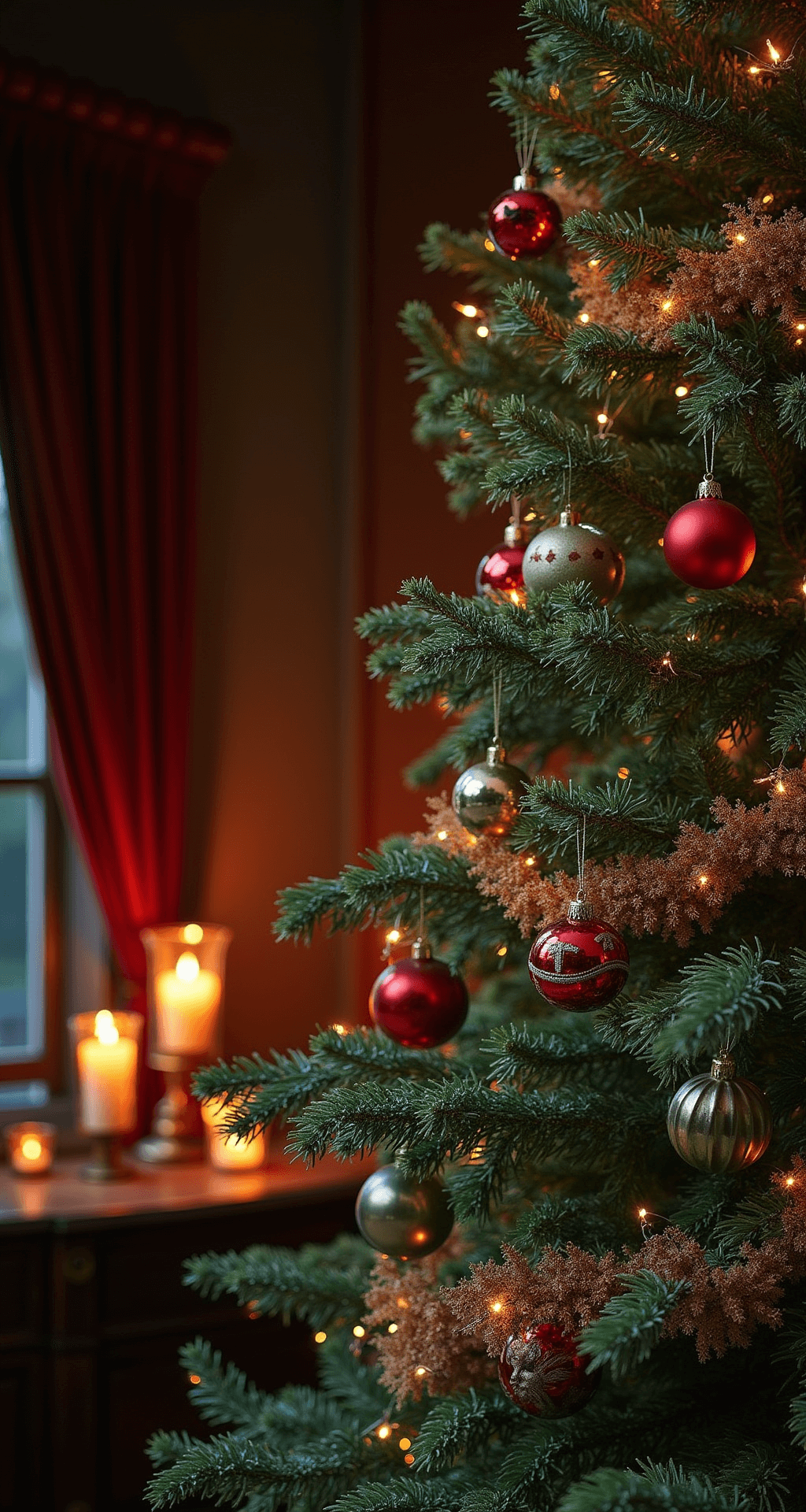 Magical DIY Christmas Decor: Transform Your Home on a Budget A moody Victorian-style parlor adorned with handcrafted holiday ornaments on a 7ft noble fir, illuminated by warm candlelight and vintage brass lamps, showcasing deep emerald and ruby tones with metallic accents, captured from a corner angle to highlight room depth and ambient lighting.