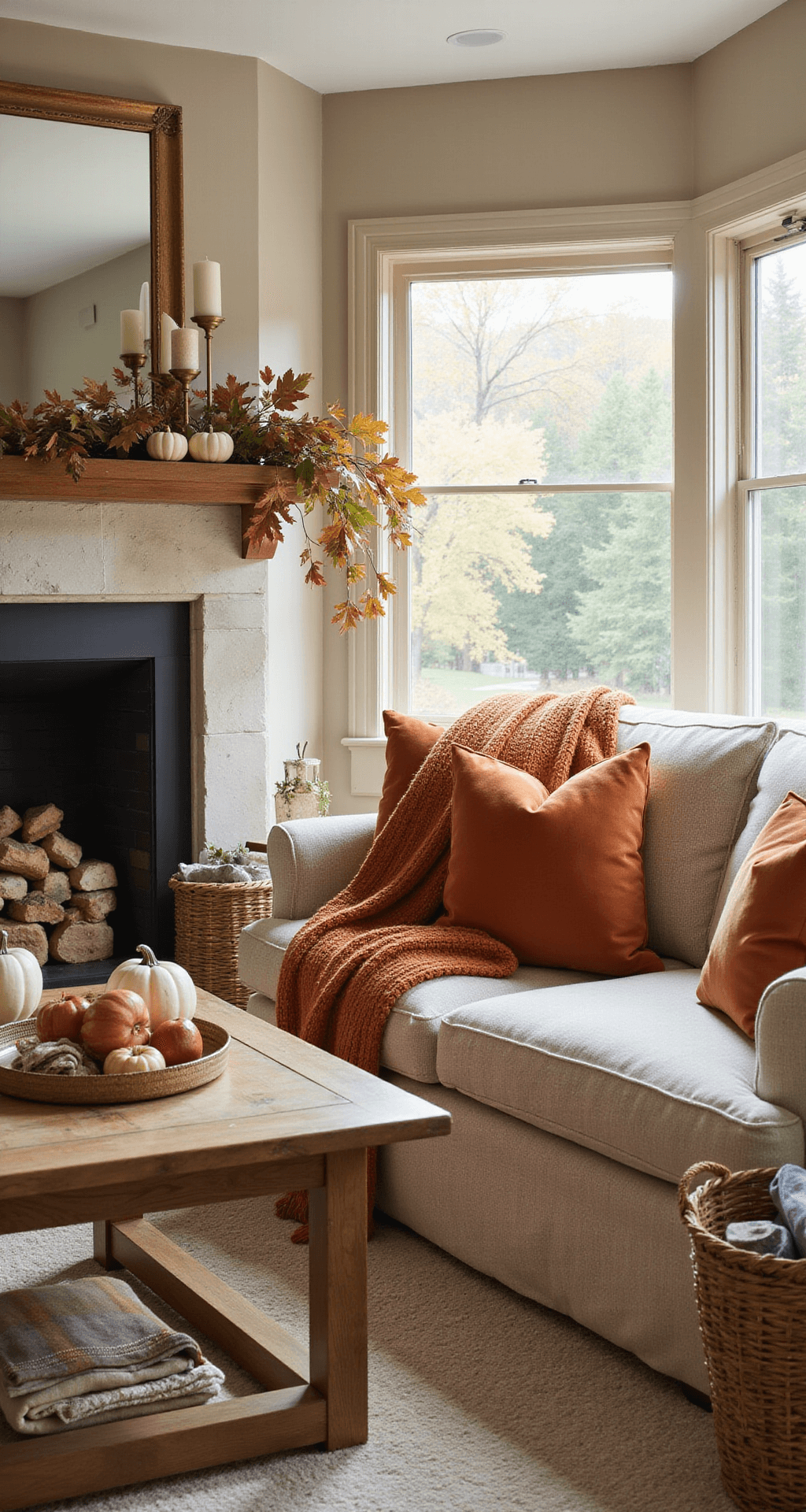 A sunlit modern farmhouse living room featuring a plush oatmeal-colored sectional, reclaimed wood coffee table with copper-toned pillows, a limestone fireplace adorned with preserved maple leaves and mini pumpkins, and a heathered wool area rug, all bathed in late afternoon golden light.