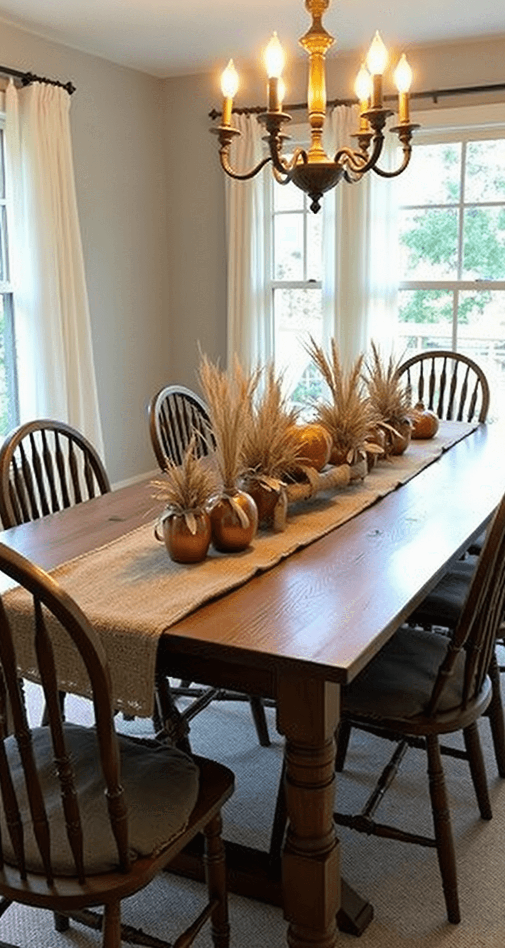 A warm, inviting dining room with a substantial oak table draped in a burlap runner, featuring an organic arrangement of heirloom pumpkins, copper vessels, and wheat stalks, surrounded by Windsor-style chairs adorned with dried wheat bundles. Morning light filters through sheer linen curtains, illuminating a vintage brass chandelier above.