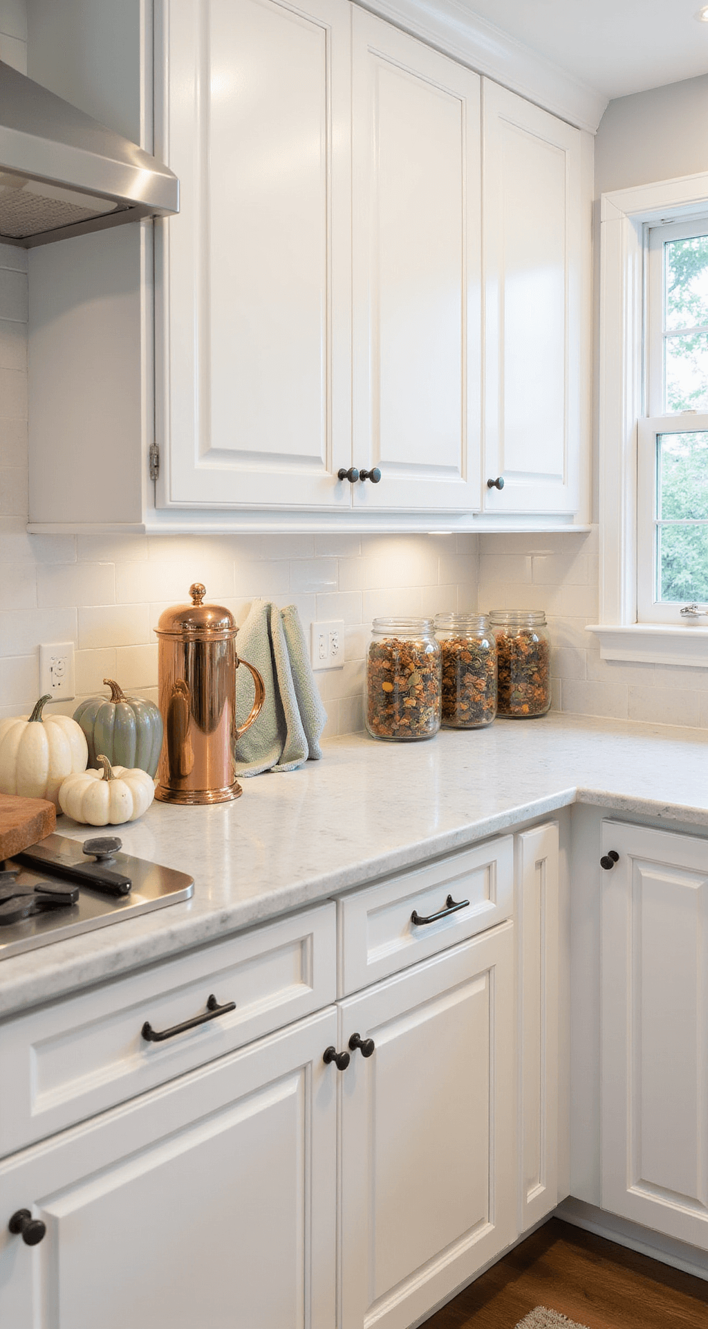 A cozy transitional kitchen features illuminated white shaker cabinets and marble countertops, adorned with ceramic pumpkins in cream, sage, and terracotta beside a copper French press. Muted sage dish towels and glass canisters with autumn botanicals enhance the warm atmosphere, all captured from a counter-height perspective.