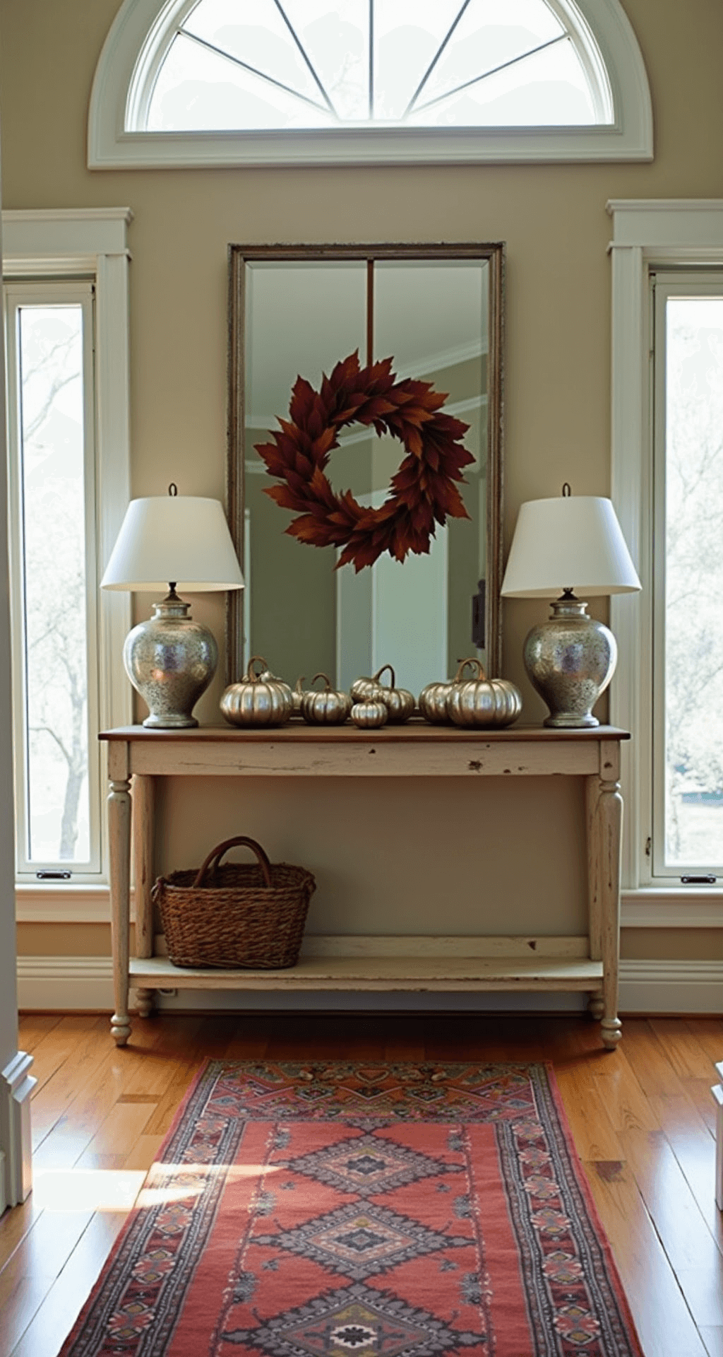 A welcoming entryway featuring a vintage console table adorned with mercury glass pumpkins, illuminated by natural light from a transom window. An oversized mirror showcases a preserved maple leaf wreath. Herringbone wood floors are complemented by a deep burgundy vintage kilim runner, captured from door height with a soft bokeh effect.