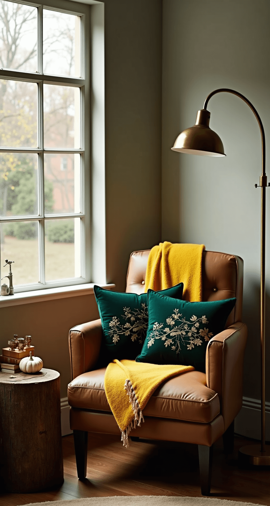 Cozy reading nook featuring a weathered leather armchair with a mustard yellow throw and forest green pillows, a brass floor lamp, and a rustic side table with vintage books and a mini white pumpkin, illuminated by warm afternoon light.