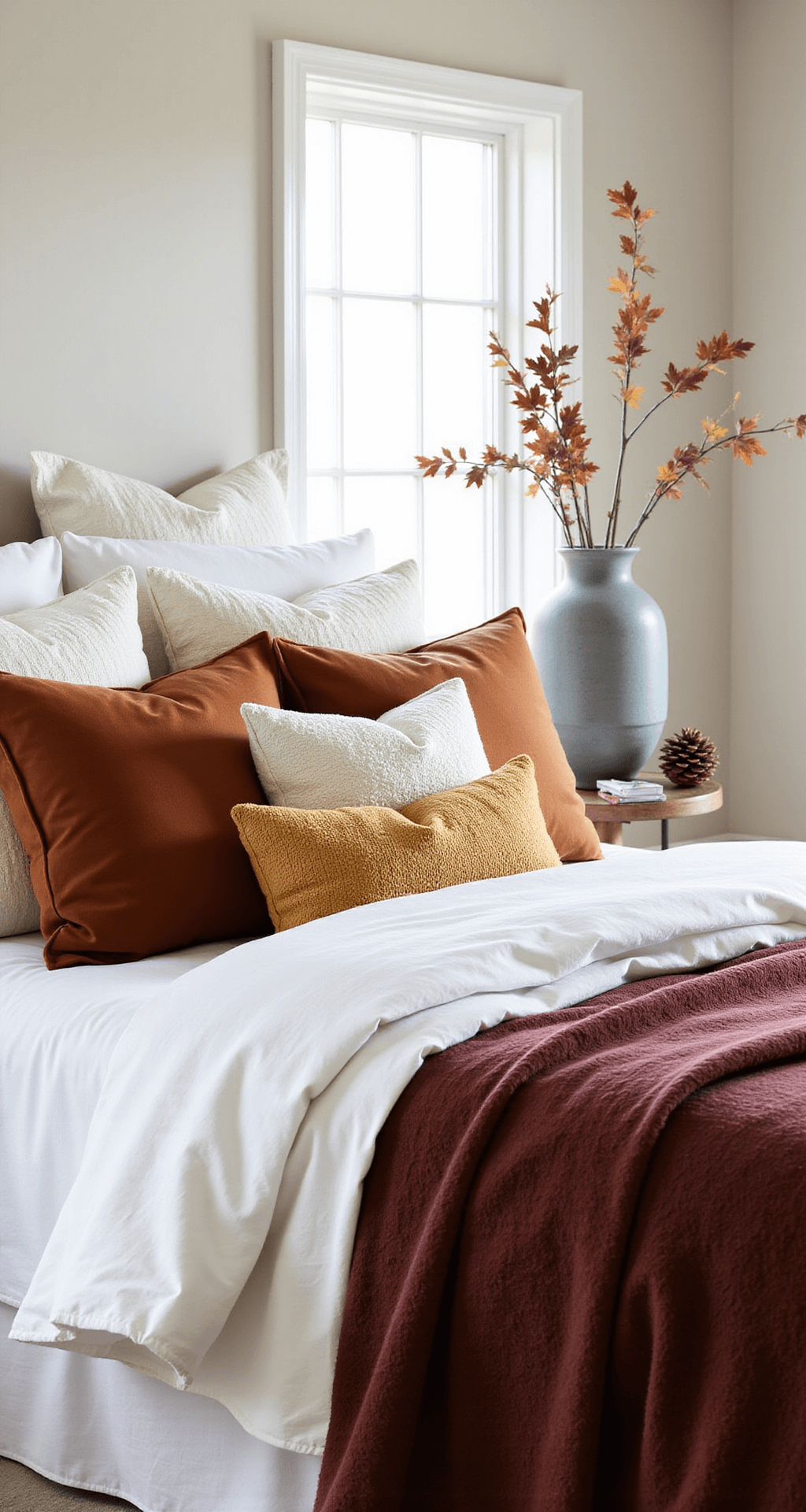 A serene master bedroom featuring a king-sized bed with white linens and a burgundy velvet duvet, accented by textured pillows in rust, cream, and gold. Preserved oak leaves in a tall vase enhance the autumn theme, with morning light softly illuminating the space from a corner angle.