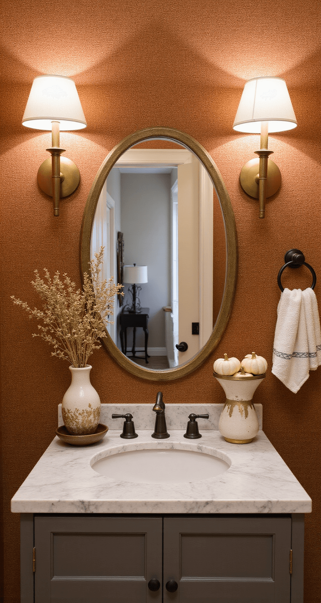 A cozy powder room with vintage brass sconces illuminating textured grasscloth wallpaper in warm copper, featuring a marble-topped vanity adorned with artisanal ceramic vessels holding dried botanicals and mini white pumpkins.