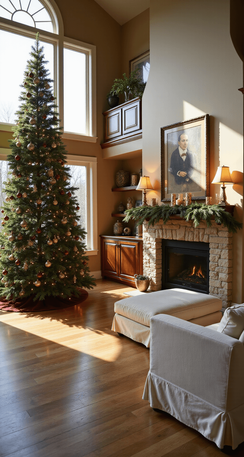 A spacious living room with a towering cathedral ceiling at golden hour, featuring a 9-foot Fraser fir Christmas tree adorned with vintage burgundy and gold ornaments, warm light illuminating the oak floors, ivory sofas, and a stone fireplace decorated with pine garland and mercury glass votives, shot from a low angle to emphasize the tree's height.