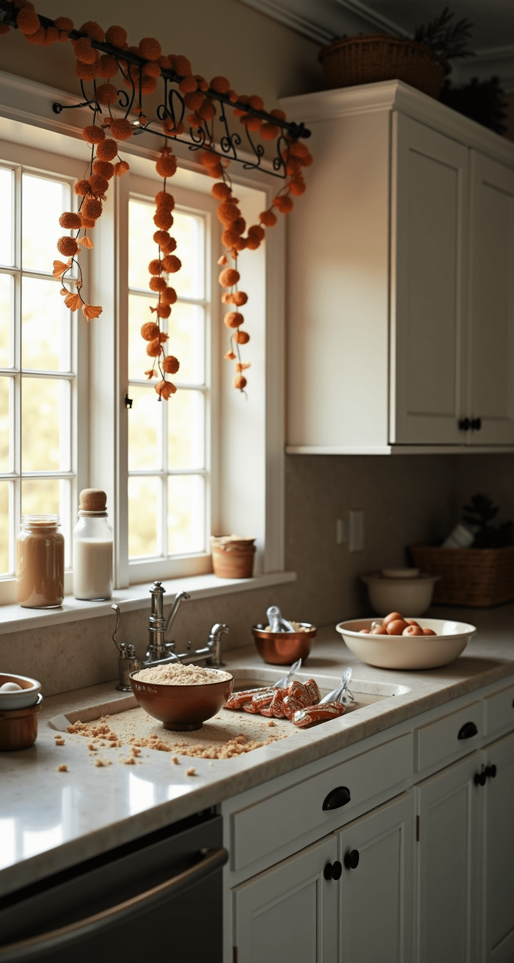 Intimate kitchen scene at dawn with soft light filtering through cafe curtains, featuring a festive cookie station on a marble countertop dusted with flour, vintage mixing bowls with sprinkles and icing bags, and copper cookie cutters, all captured with shallow depth of field.