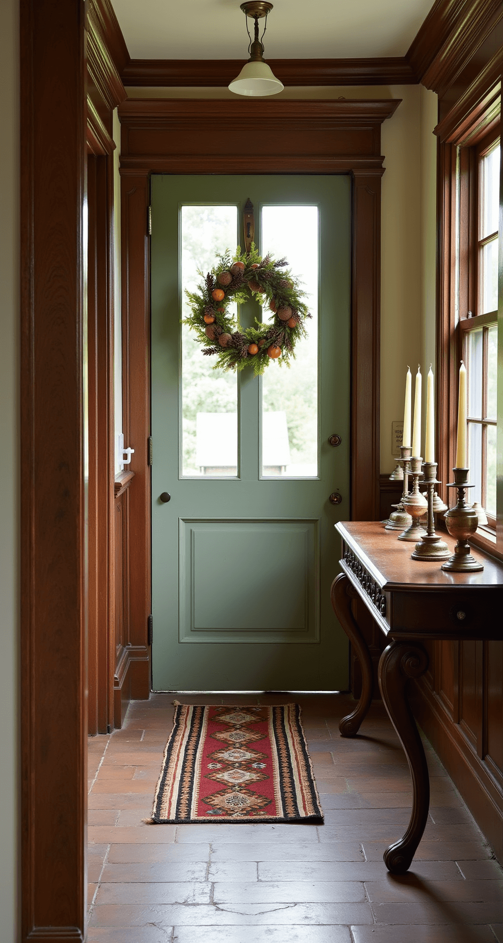 A cozy cottagecore entryway in a Victorian-era home, featuring detailed woodwork, an antique console table with hand-dipped beeswax candles, pine cones, and vintage brass bells. A sage green door adorned with a handmade wreath of dried herbs and citrus stands against a backdrop of worn brick flooring topped with a vintage kilim runner. The scene is bathed in warm late afternoon light, with window light complemented by warm fixtures, captured at f/4 for depth and detail.
