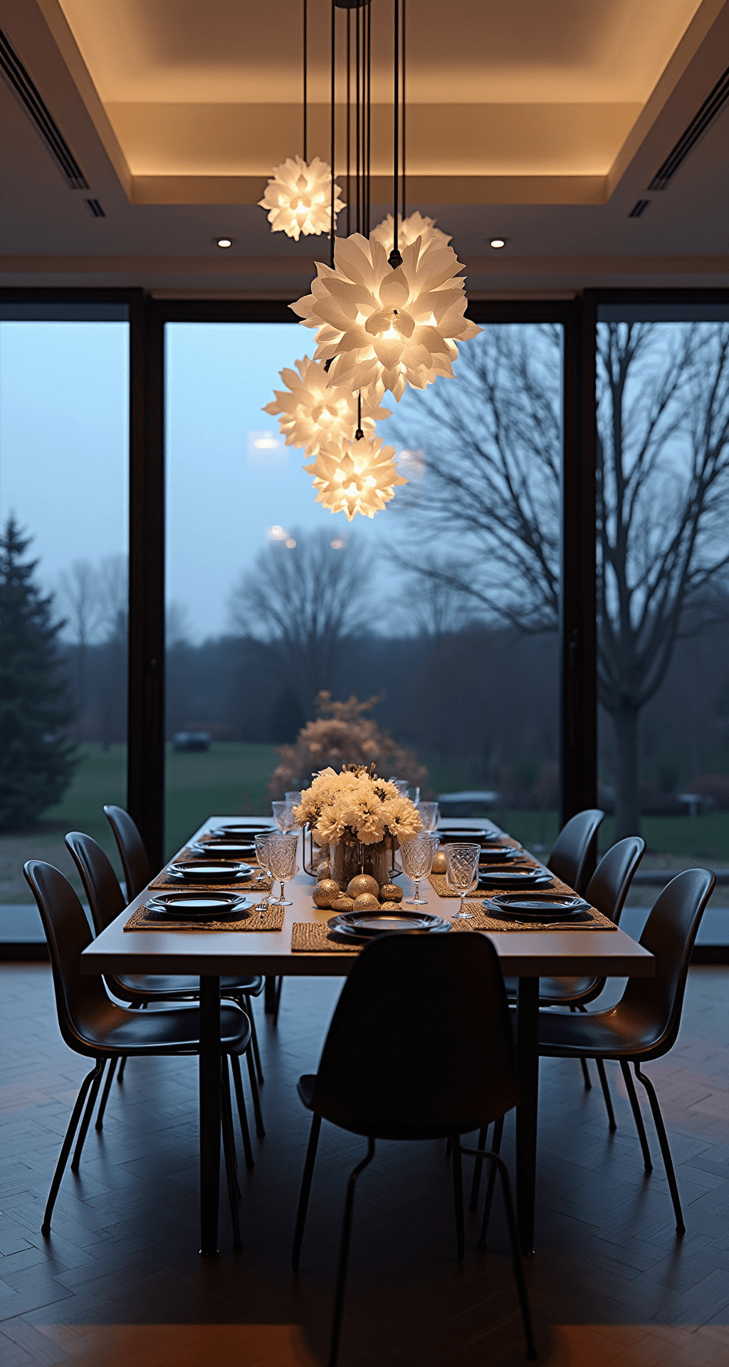Modern dining room at dusk with a 12-foot tray ceiling and floor-to-ceiling windows, featuring a minimalist table set with matte black plates, crystal stems, and a centerpiece of white amaryllis and silver brunia. Ghost chairs stand out against dark herringbone floors, while oversized paper snowflakes hang at varying heights. The shot captures depth and window reflections, illuminated by a modern chandelier and landscape uplighting.