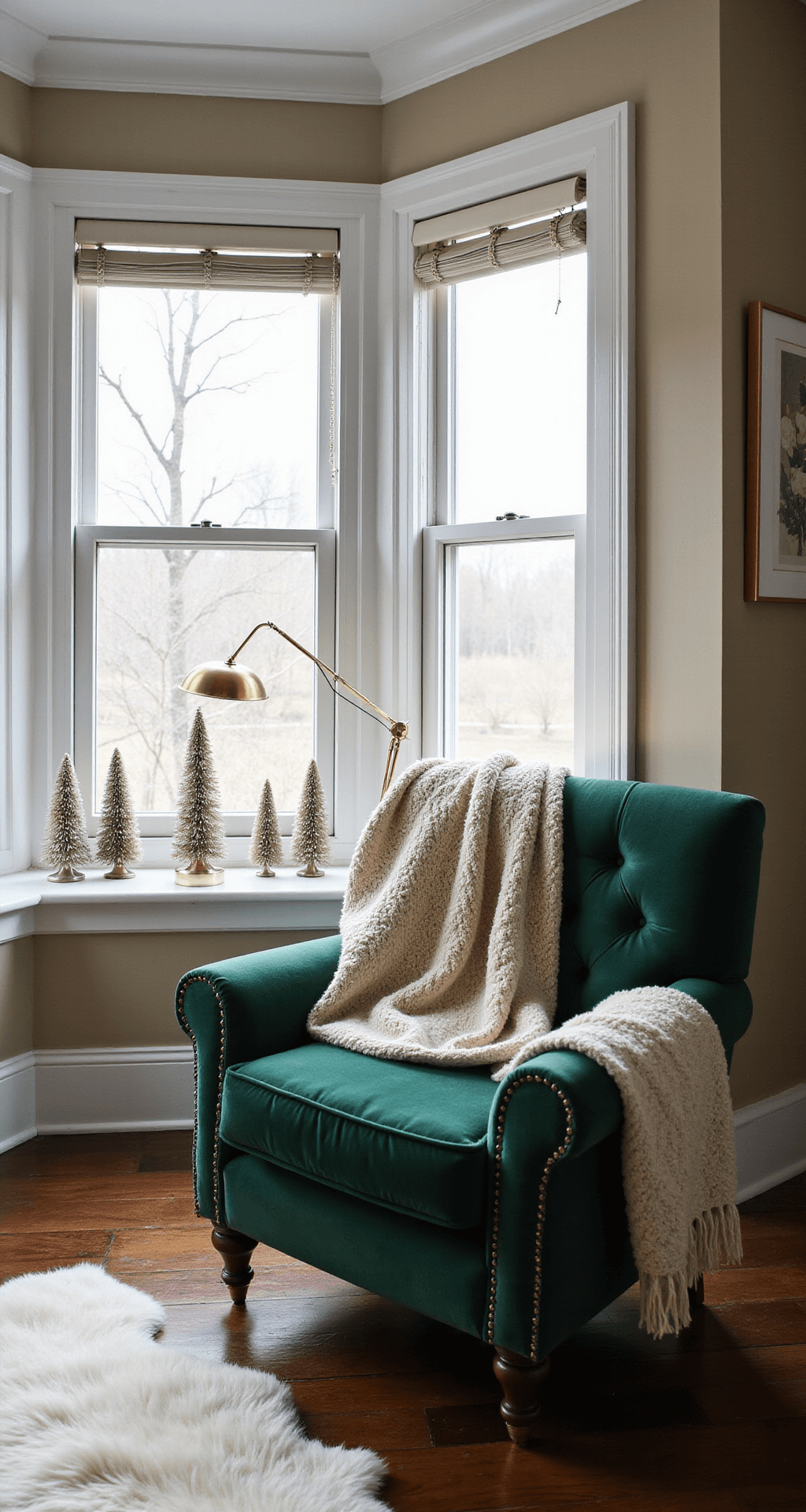 Cozy bedroom corner with a bay window featuring a forest green velvet armchair, cream wool throw, vintage brass floor lamp, and mercury glass trees, paired with a white sheepskin rug on dark hardwood floors, all illuminated by morning light.