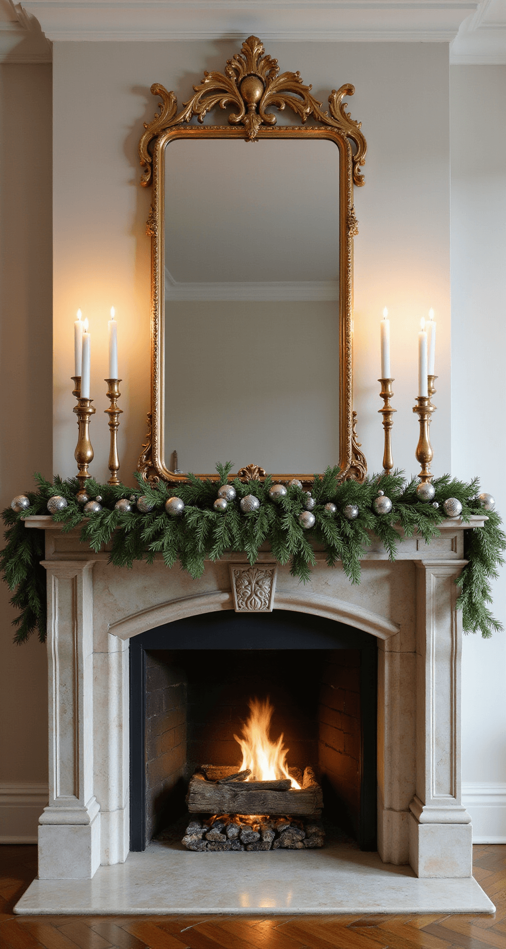 A formal mantelscape featuring an 8-foot limestone fireplace, symmetrical brass candlesticks beside a gilded mirror, and fresh cedar garland with vintage silver ornaments, all set against a herringbone marble surround reflecting warm firelight, captured in soft evening lighting.