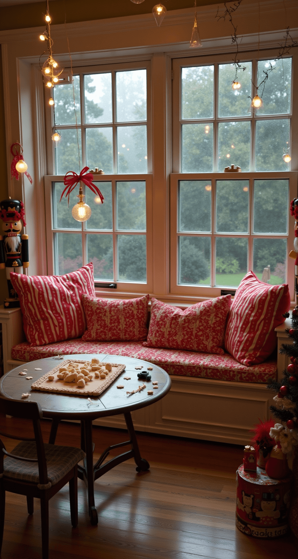 A cozy children's playroom transformed into Santa's workshop, featuring a built-in window seat with red and white striped pillows, oversized nutcrackers at the corners, a craft table with in-progress paper chains and salt dough ornaments, and twinkle lights reflecting in rain-streaked windows, all captured from a child's eye level to evoke whimsy and wonder.