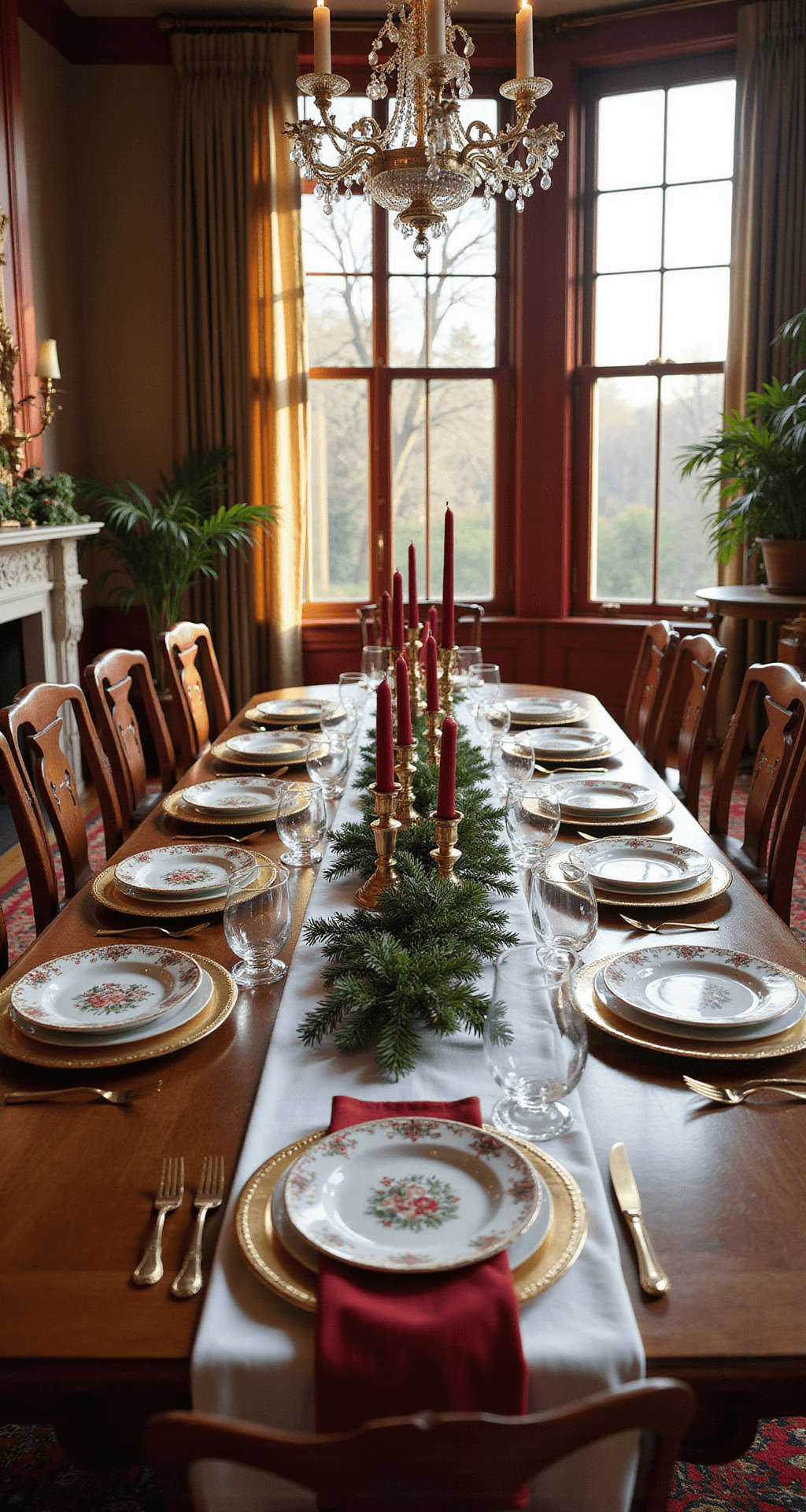 A grand dining room with 10-foot ceilings and large bay windows, featuring a 10-seat mahogany table dressed in a festive red and green Christmas tablescape, illuminated by golden afternoon light. The table is adorned with a white linen runner, fresh pine garland, burgundy taper candles in brass holders, Spode Christmas china, and crystal wine glasses, creating a warm and traditional atmosphere.