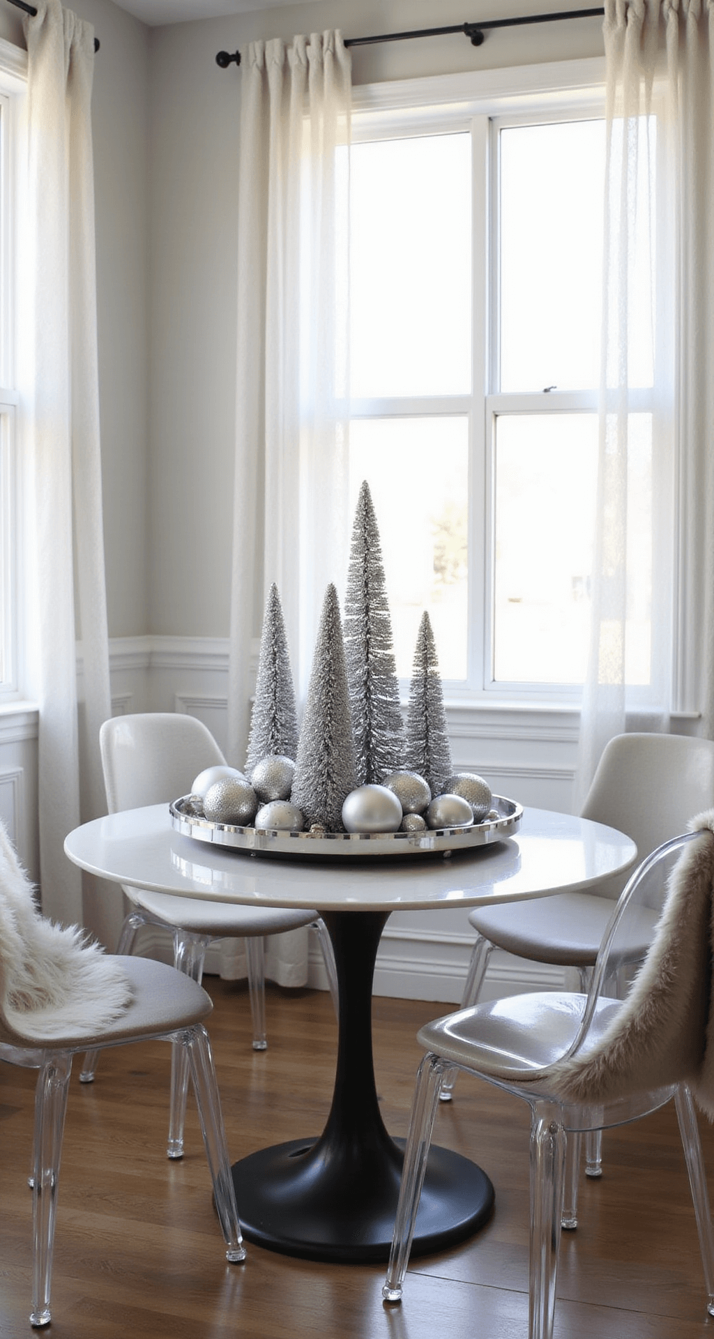 Intimate breakfast nook with white wainscoting, featuring morning light filtering through sheer curtains onto a round pedestal table adorned with metallic decor and a mirrored centerpiece tray. Ghost chairs with faux fur throws surround the table, creating a bright, airy atmosphere.