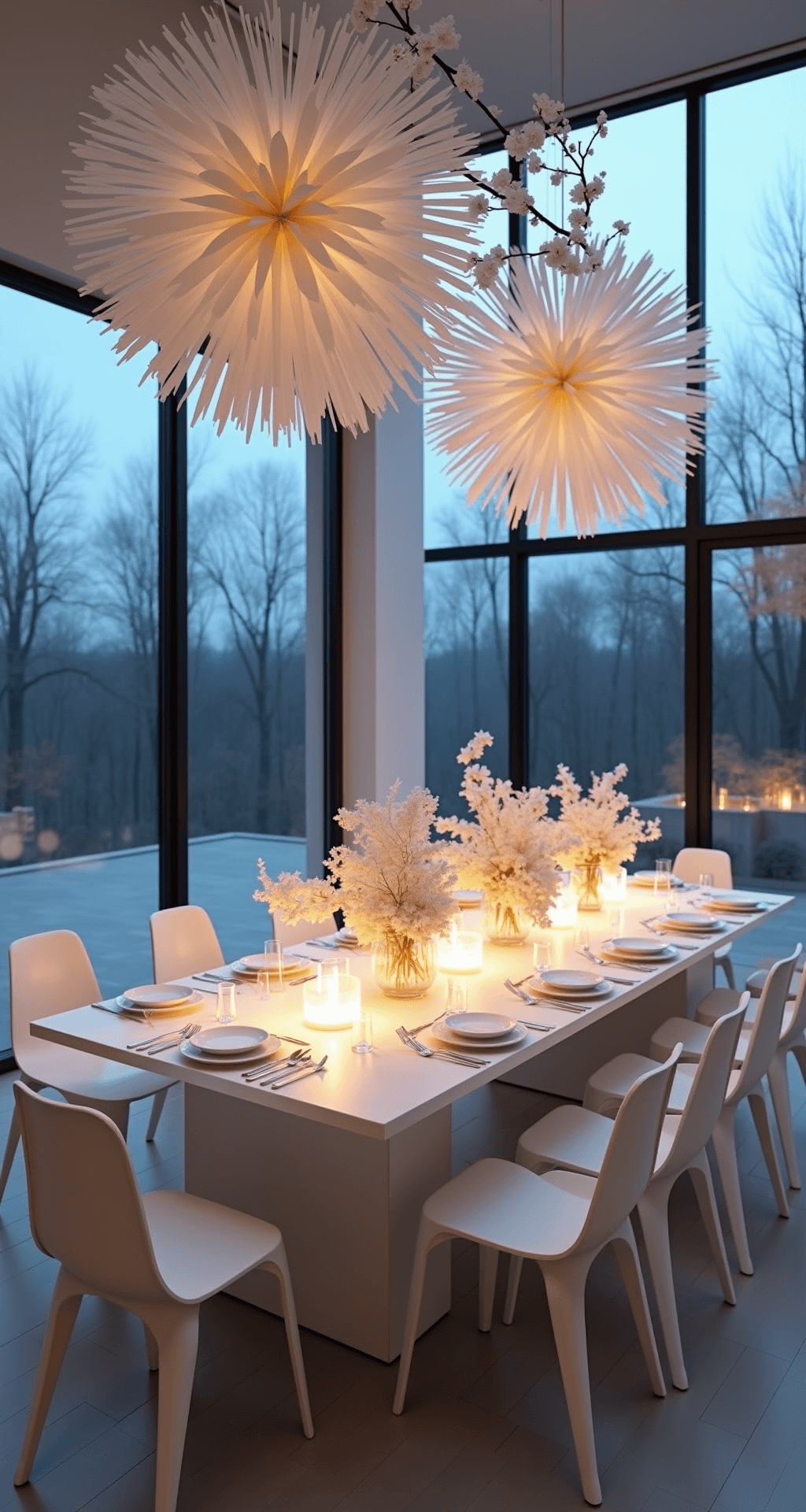 Contemporary open-concept dining space with floor-to-ceiling windows, featuring a minimalist all-white table set with porcelain and lucite. Dusk lighting enhanced by LED candles, oversized white paper snowflakes suspended above, and elegant white orchids with frosted branches create an ethereal ambiance. Wide-angle view from the corner captures the full setup and surrounding vista.