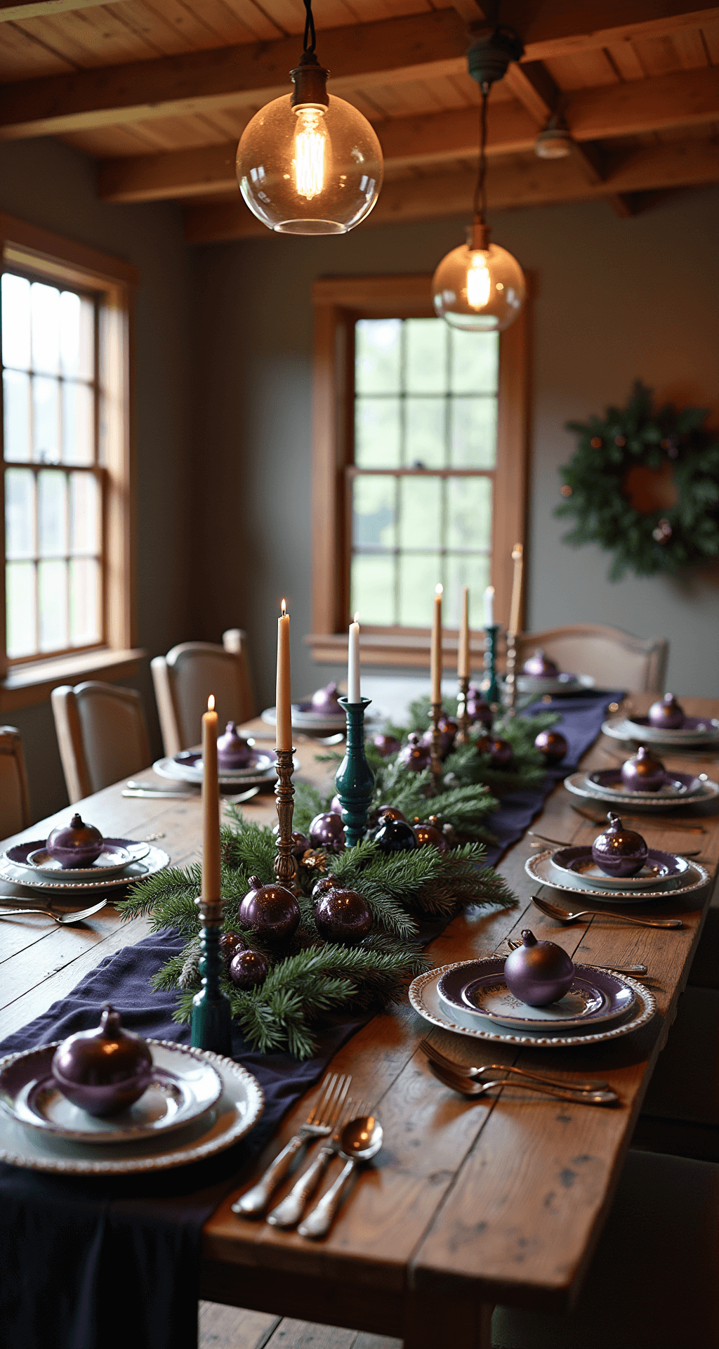 Overhead view of a rustic farmhouse dining room featuring a reclaimed wood table with jewel-toned velvet runners, vintage brass candlesticks, and deep purple and emerald glass ornaments, framed by exposed wooden beams and natural mid-morning light.