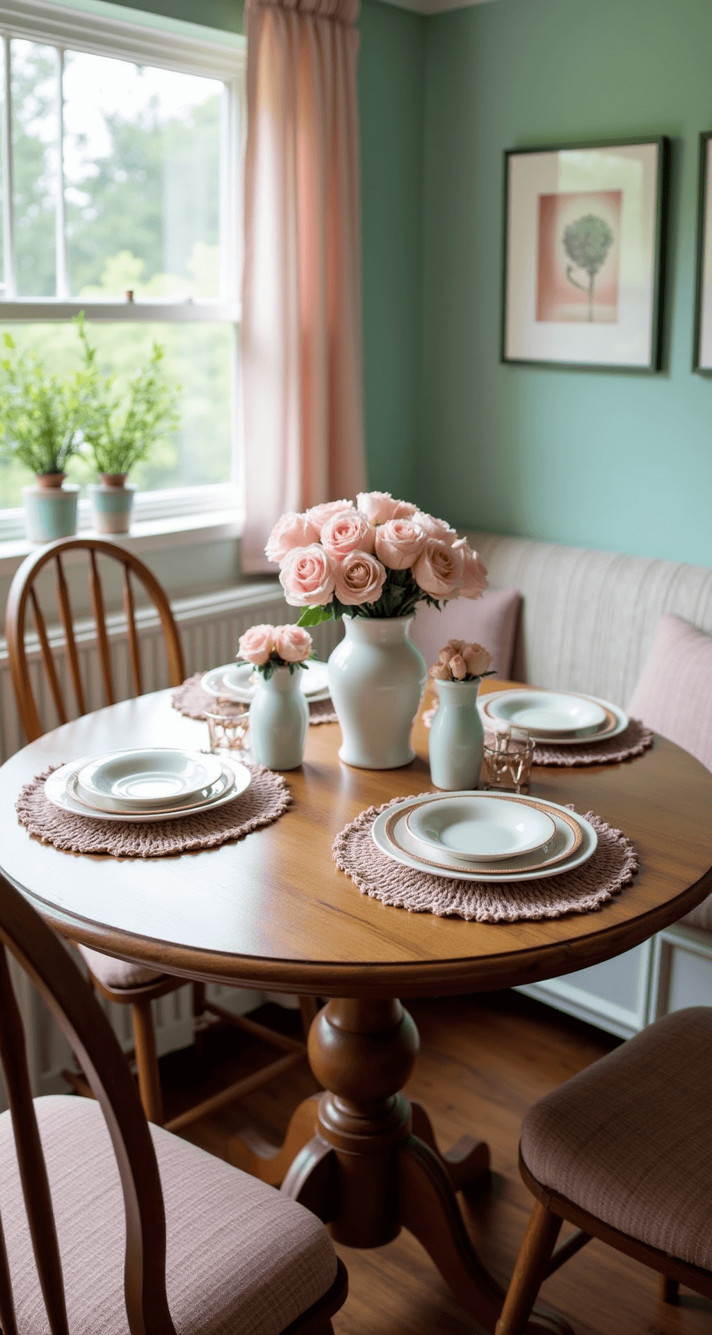 Cozy cottage dining space with a round oak table set in pastel pink and mint green, featuring mercury glass ornaments and vintage milk glass vases with pale pink roses. Soft morning light casts gentle shadows, creating a dreamy, romantic atmosphere from the perspective of a built-in window seat.