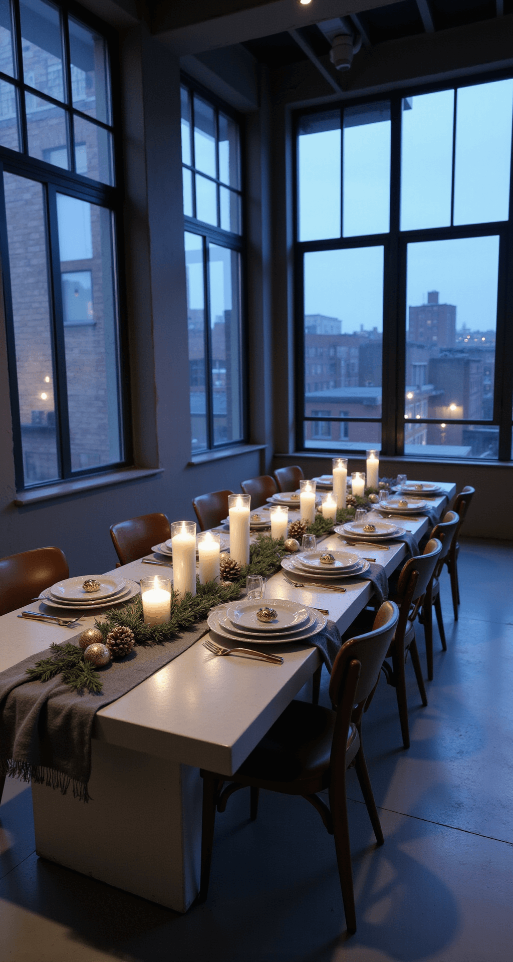 Urban loft dining area with industrial windows, featuring a long concrete table styled for minimalist Nordic Christmas with white pillar candles, frosted pine cones, and gray linen textiles, illuminated by blue hour lighting for a moody atmosphere. Geometric brass ornaments add a modern touch in this wide environmental shot.