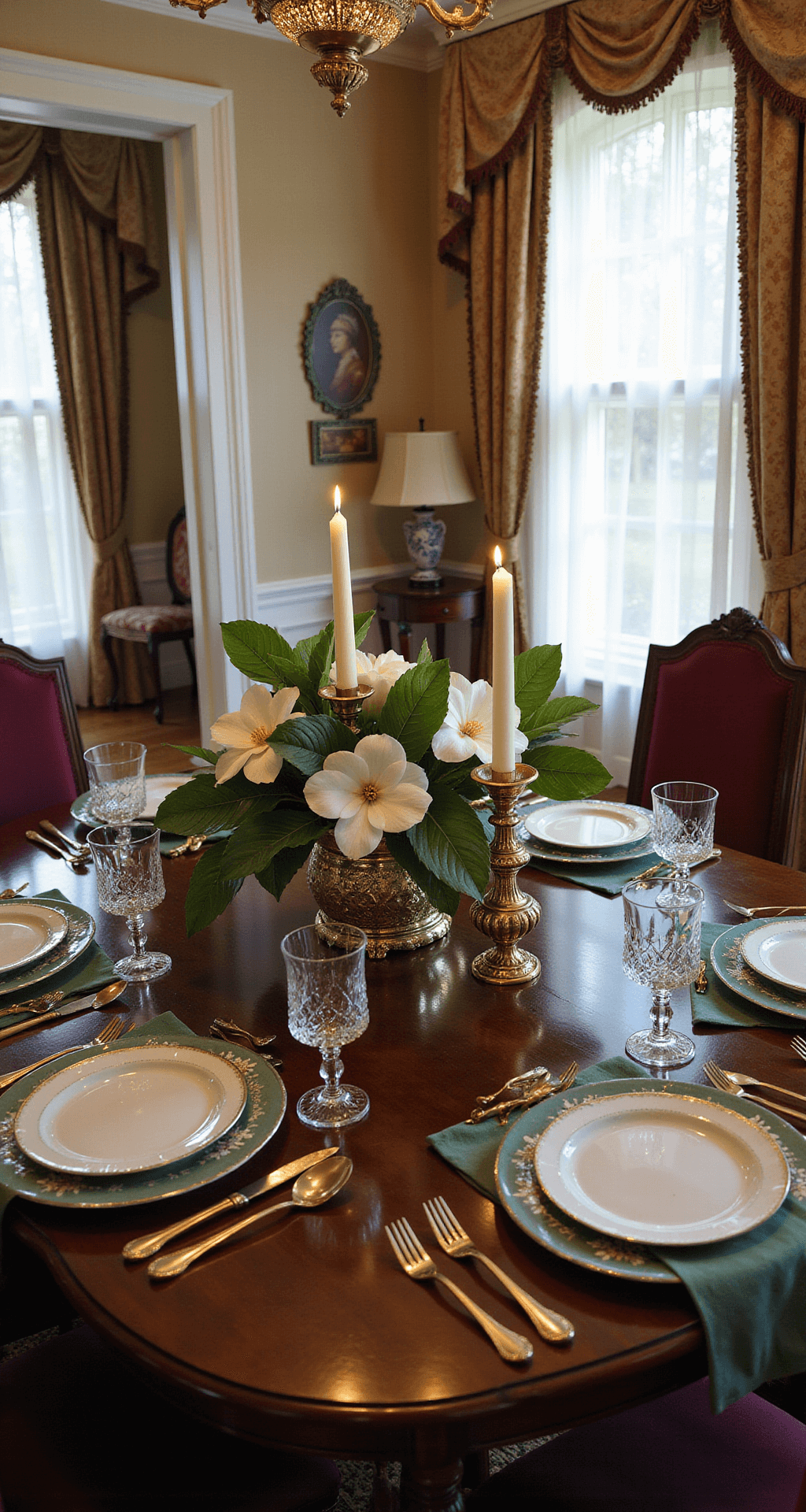 A Victorian formal dining room with original moldings, featuring an oval mahogany table set with vintage china and contemporary gold flatware, adorned with a centerpiece of fresh magnolia leaves and cream taper candles. The room is illuminated by late morning light streaming through lace curtains, showcasing multiple textures including velvet, crystal, and metallics, captured from the doorway for full context.