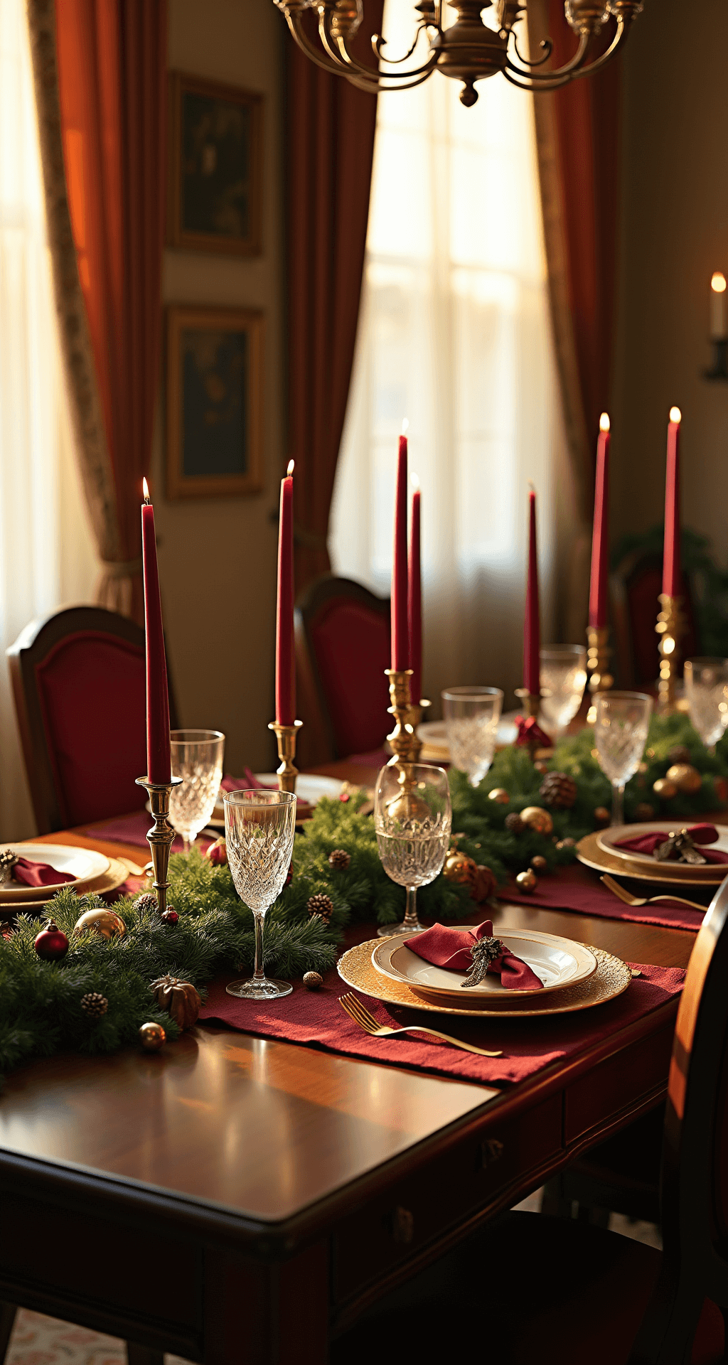 Magical Christmas Table Decor: Transform Your Dining Space into a Festive Wonderland Intimate dining room at golden hour with sunlight streaming through sheer curtains, featuring a mahogany table adorned with a pine garland, fairy lights, brass candlesticks with burgundy tapers, bone china settings, crystal glasses, and decorative mercury glass ornaments.