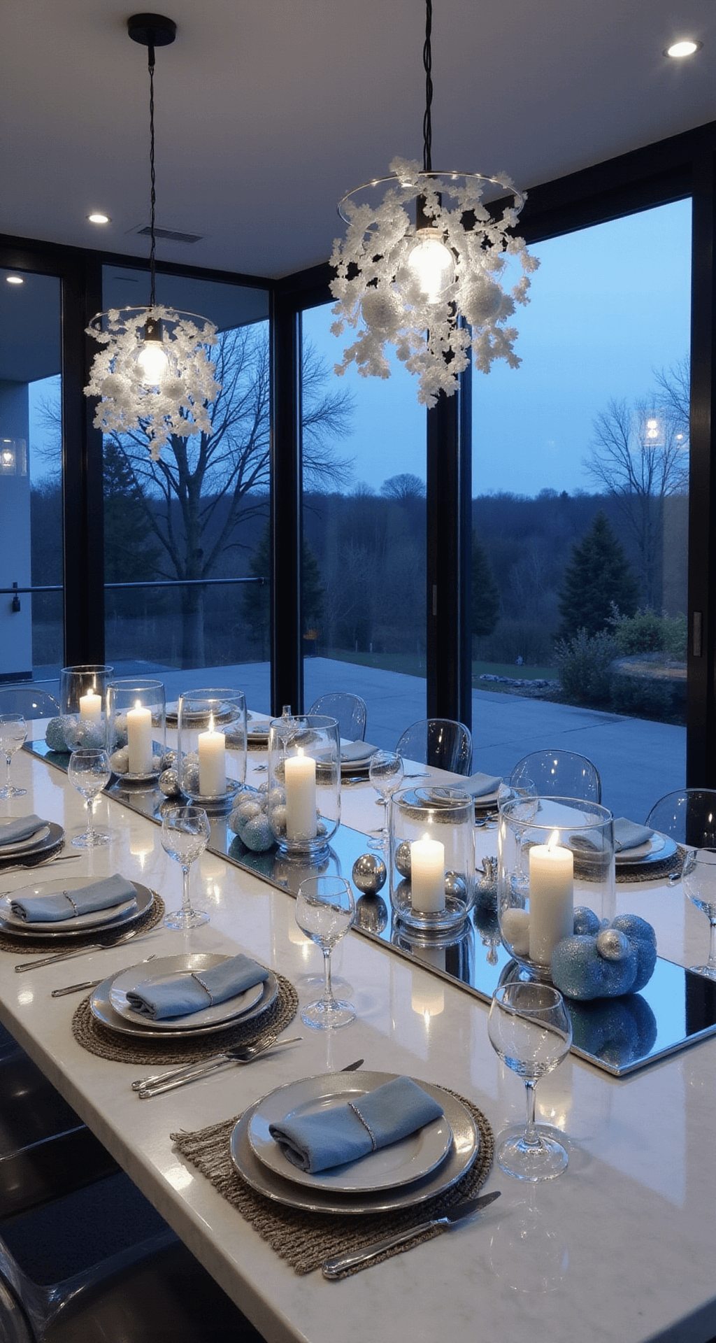 Magical Christmas Table Decor: Transform Your Dining Space into a Festive Wonderland Modern open-concept dining space at dusk featuring a minimalist white marble table with frosted blue and silver baubles, chrome hurricane lanterns with white candles, ghost chairs, metallic chargers, and ice-blue velvet napkins, illuminated by geometric pendant lights and blue hour ambient light.