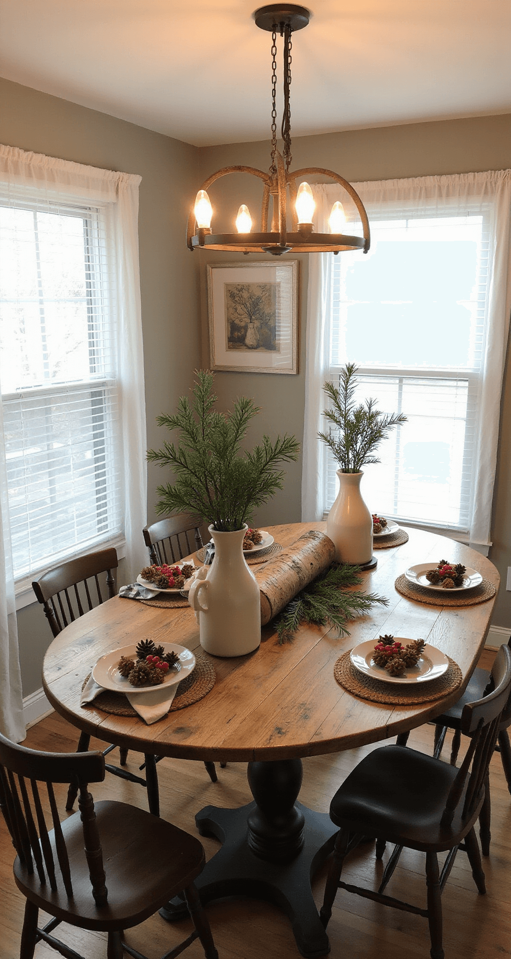 Magical Christmas Table Decor: Transform Your Dining Space into a Festive Wonderland A cozy farmhouse dining nook featuring a round reclaimed wood table with a woodland-inspired centerpiece, vintage milk glass vases, and rustic buffalo check napkins, all bathed in warm morning light from east-facing windows.