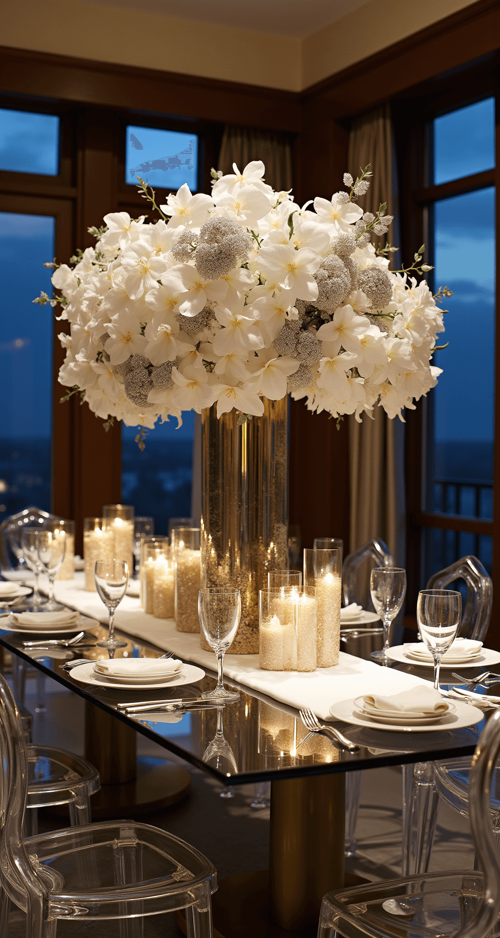 Magical Christmas Table Decor: Transform Your Dining Space into a Festive Wonderland A sophisticated formal dining room at twilight featuring a glass-topped table with a brass base, showcasing a glamorous centerpiece of white phalaenopsis orchids and silver-sprayed eucalyptus. Mercury glass votives create reflections, while ghost chairs enhance visual lightness. The white silk runner complements platinum-rimmed china and crystal stemware, with dramatic uplighting highlighting architectural details. Shot from a corner angle, emphasizing a diagonal composition.