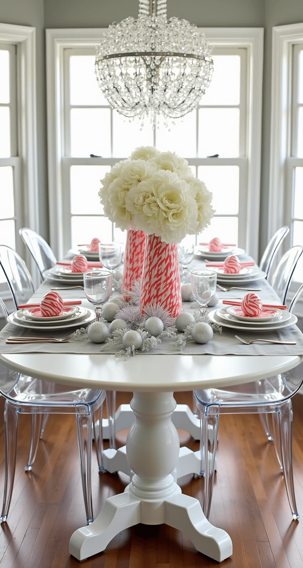 Magical Christmas Table Decor: Transform Your Dining Space into a Festive Wonderland Bright breakfast room with a white pedestal table set for mid-morning, featuring whimsical candy cane vases with white hydrangeas, peppermint stripe napkins, mercury glass ornaments on a frosted garland, and clear glass balloon chairs, illuminated by natural light from bay windows and a crystal chandelier.