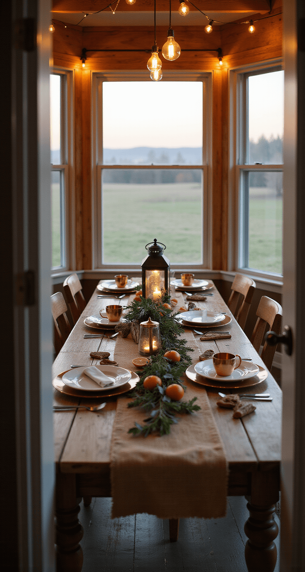 Magical Christmas Table Decor: Transform Your Dining Space into a Festive Wonderland Intimate dining alcove at sunset featuring a weathered oak table with a natural burlap runner, vintage copper lanterns, fresh pine and eucalyptus garland, terracotta chargers, white ironstone place settings, copper Moscow mule mugs, and scattered dried orange slices and cinnamon sticks, captured from the doorway with warm lighting from west windows and amber Edison bulb string lights.