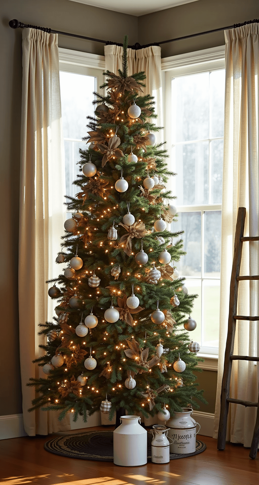 A cozy 12x14ft living room featuring a 7.5ft farmhouse-style Christmas tree in a bay window, adorned with rustic ornaments and fairy lights. Morning sunlight filters through sheer linen curtains, casting soft shadows on the neutral walls, while vintage decor enhances the warm, inviting atmosphere.