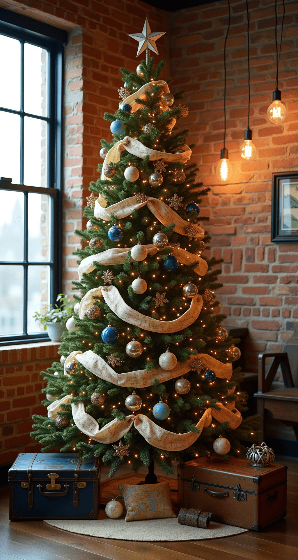 A travel-themed Christmas tree in a modern loft with high ceilings, decorated with vintage suitcase ornaments and compass decorations, set against an exposed brick wall, with warm backlighting and an antique trunk as a tree skirt, surrounded by leather travel accessories.