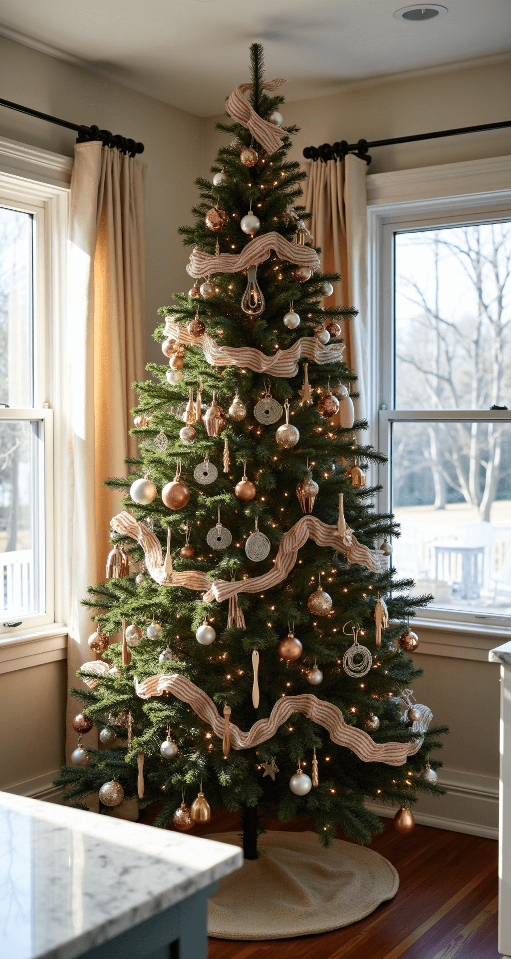 A cozy kitchen-dining corner featuring a foodie-themed Christmas tree adorned with copper and rose gold ornaments shaped like kitchen utensils, accompanied by gingham ribbon and pearl garlands, under warm afternoon light filtering through cafe curtains. The white subway tile and marble counter enhance the festive ambiance.