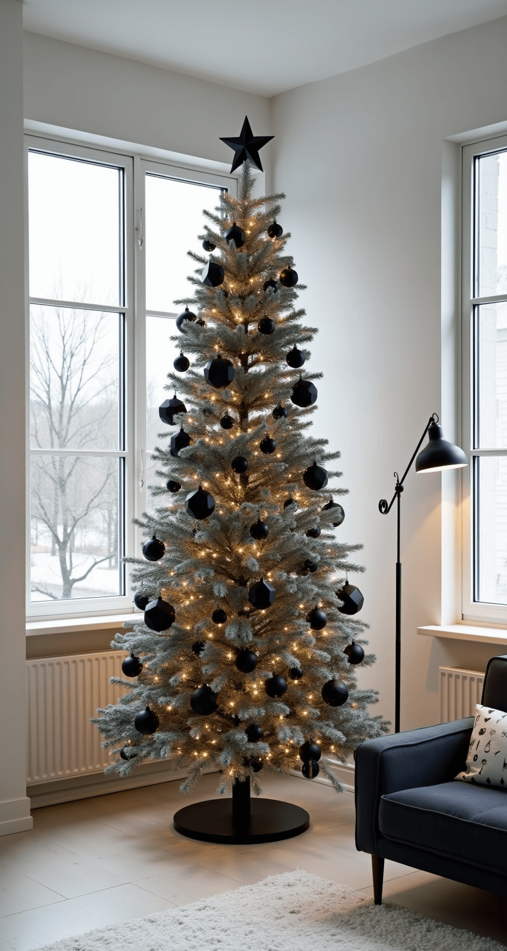 A minimalist modern tree stands in a Scandinavian-style living room with 10ft ceilings, featuring clean white walls and geometric black and chrome ornaments. Floor-to-ceiling windows let in natural light, while LED lights cast a cool white glow. A black metal floor lamp adds accent lighting.