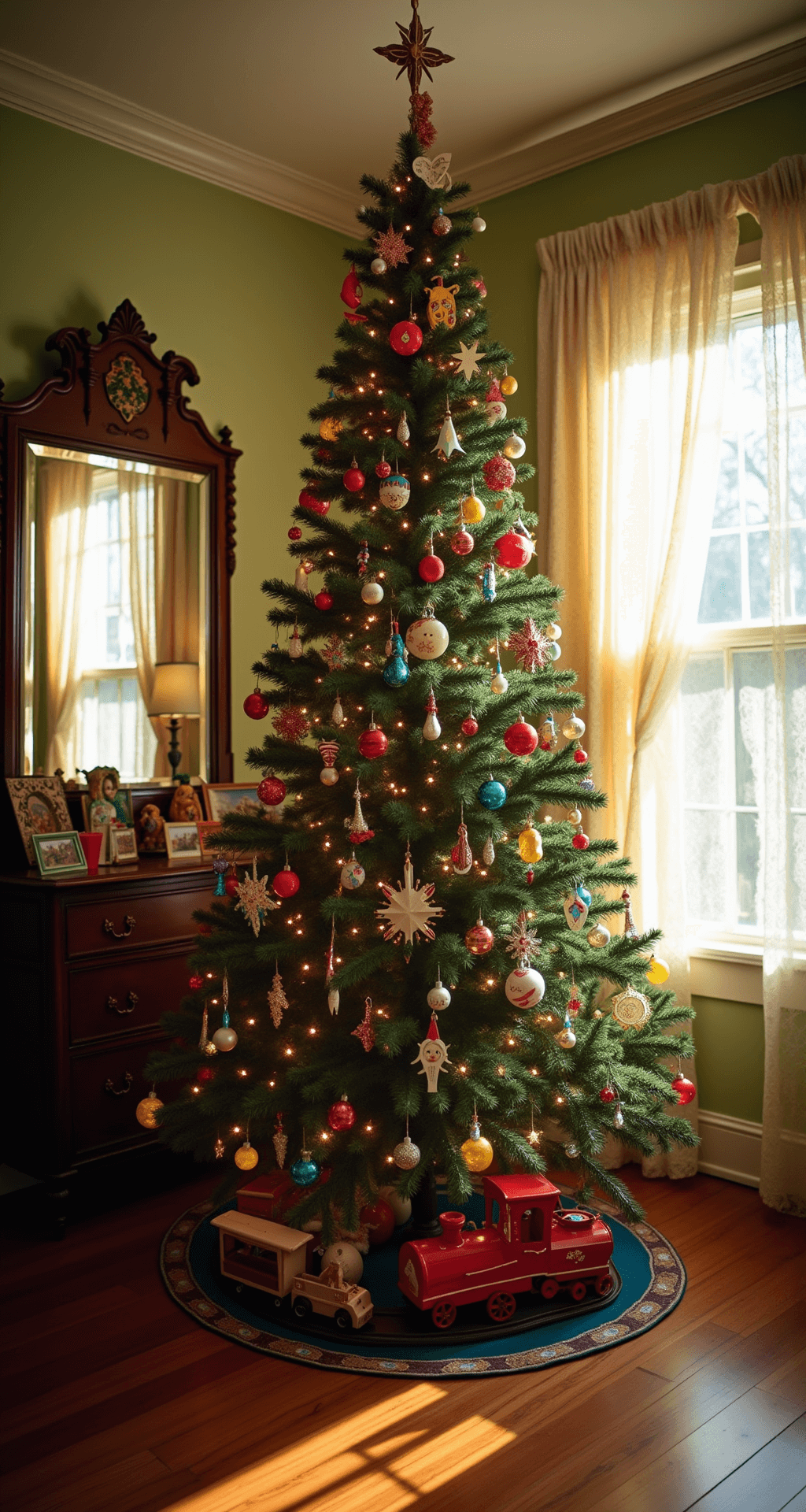 A cozy Victorian parlor adorned with a nostalgic childhood-themed Christmas tree, featuring vintage toys, colorful glass balls, and retro paper chains. A vintage train set circles the base, while multicolored lights reflect off an antique mirror. The scene is captured from a child's eye level, with soft focus on the ornaments, as warm golden light flows through lace curtains.