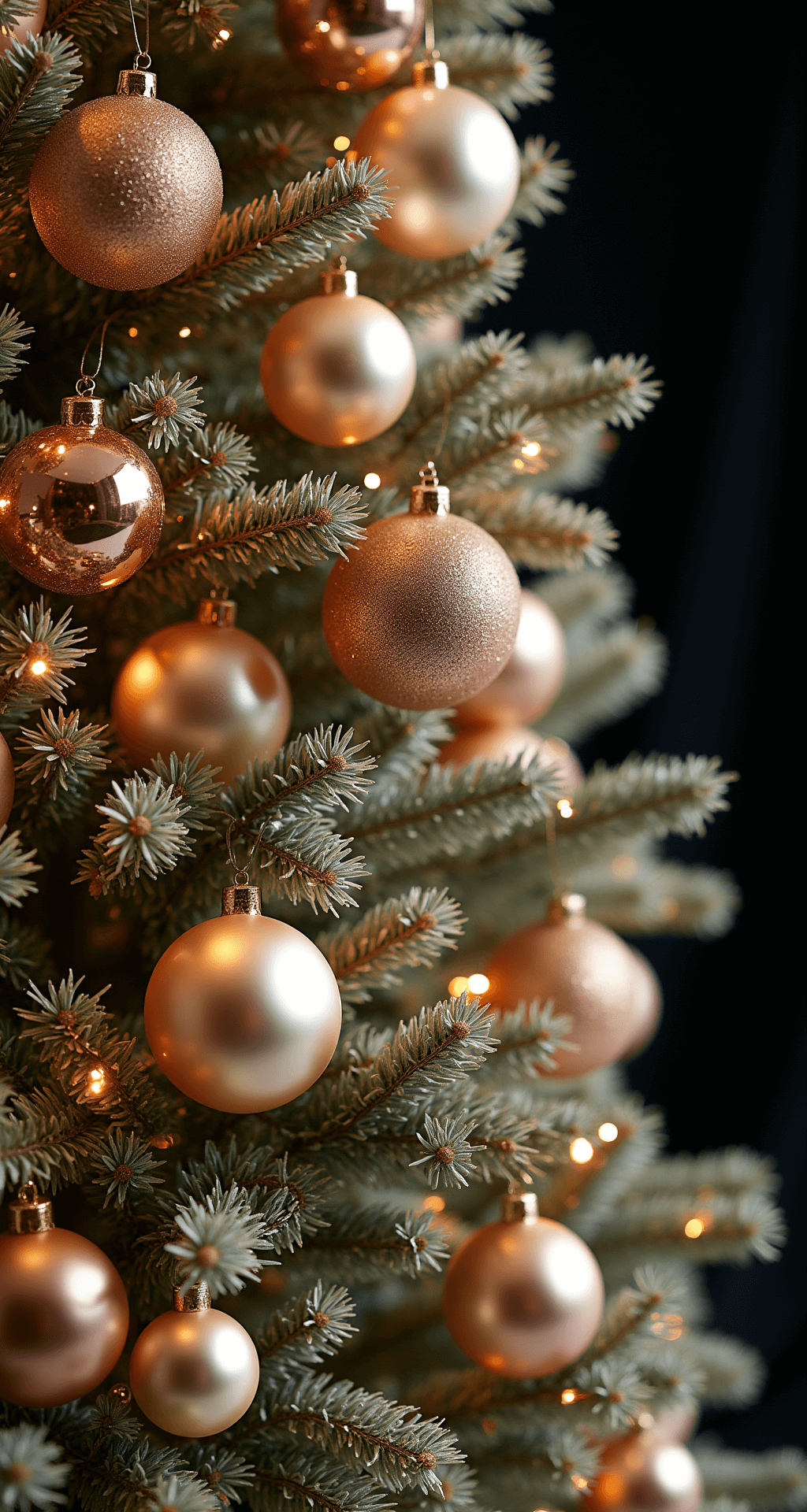 Detail shot of a luxury tree showcasing professional layering techniques with champagne, rose gold, and pearl ornaments clustered in groups of three, illuminated by warm spotlight against a black velvet backdrop.