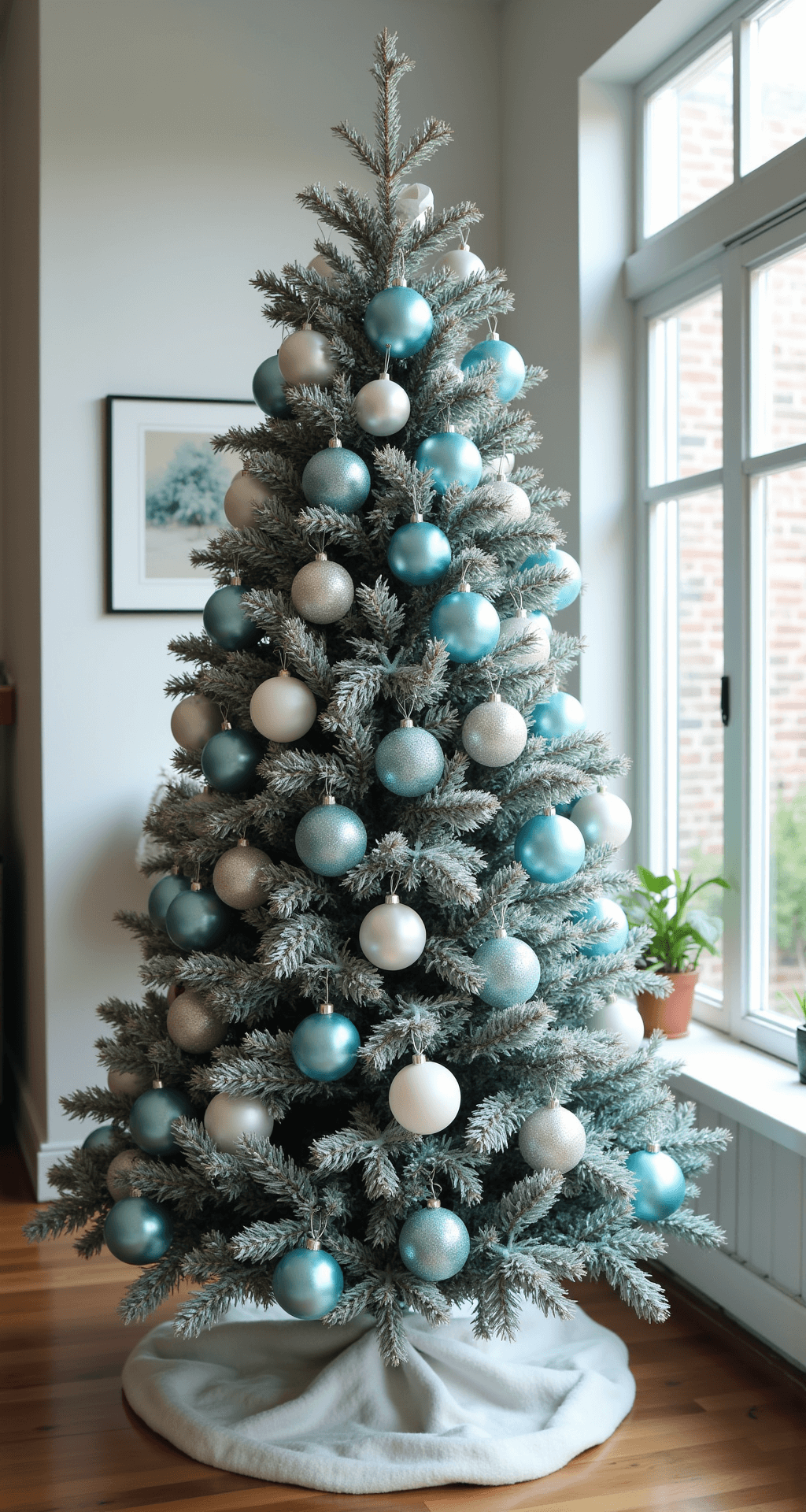 A contemporary apartment setting featuring a budget-friendly styled Christmas tree adorned with dollar store ornaments in ice blue and silver, DIY painted pinecones, and paper snowflakes. The tree is enhanced with vertically woven ribbon for fullness and illuminated by late morning light from large windows, with additional lighting from a ring light, captured from a slight elevation to highlight professional styling techniques.
