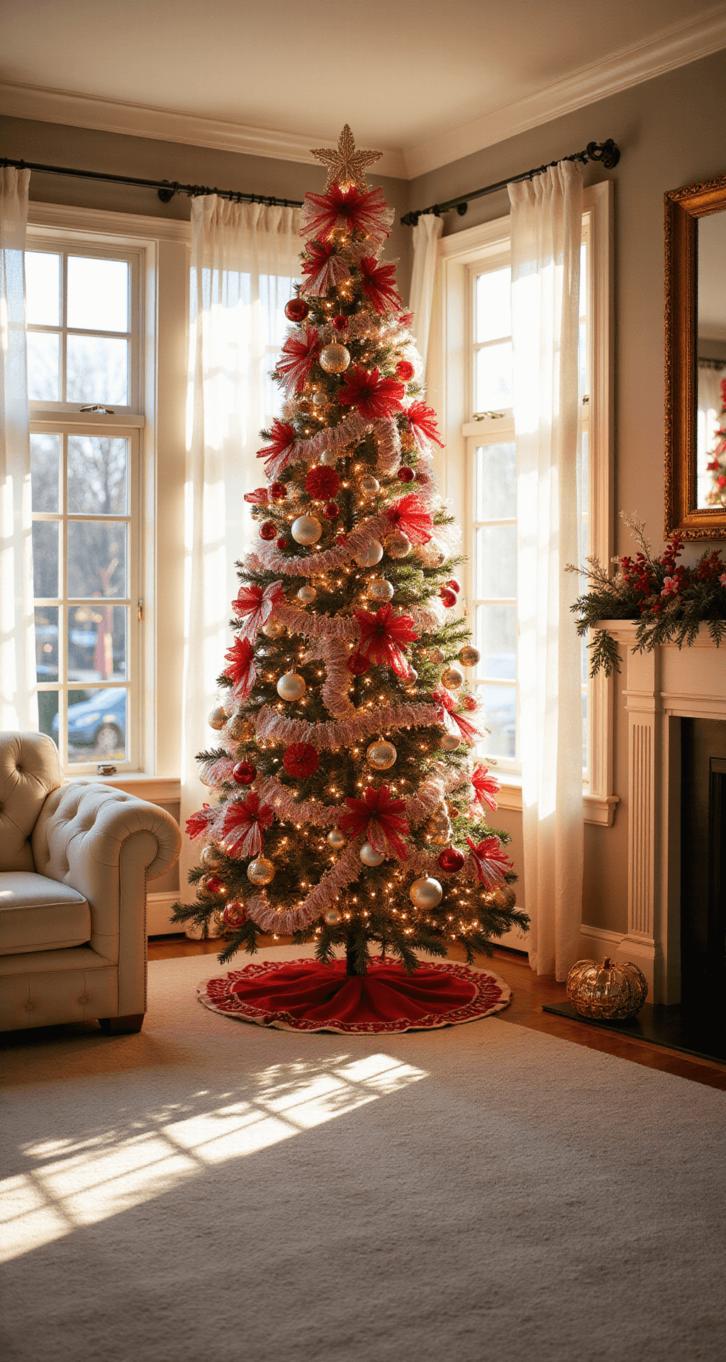 A sunlit living room with a 9-foot candy cane themed Christmas tree in a bay window, showcasing red and white ribbons and twinkling lights, surrounded by a cream-colored carpet, a pearl-white tufted sofa, and brass accent tables, with warm golden hour light casting soft shadows.