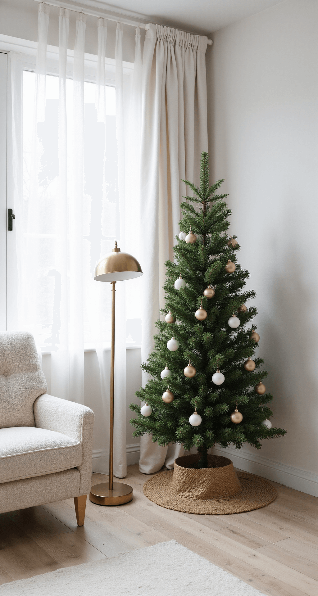 A Scandinavian-inspired living space featuring a slim artificial tree adorned with matte white and champagne baubles, surrounded by sheer white curtains and a natural jute tree skirt, complemented by white-washed oak floors, a cream boucle armchair, and a minimal brass floor lamp, all captured from a slightly elevated angle to highlight the monochromatic palette of whites, beiges, and light woods.