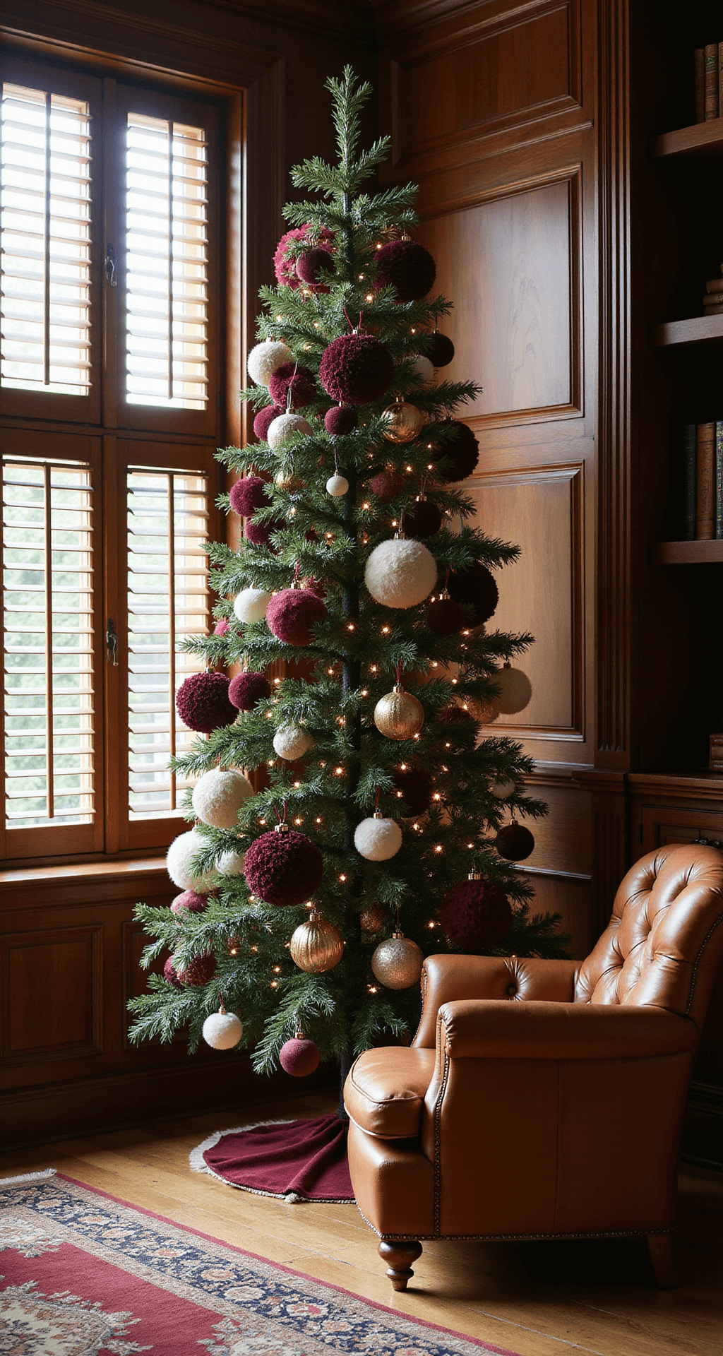 A cozy library den featuring a 7.5ft Christmas tree adorned with velvet, felt, and faux fur ornaments in deep burgundy, forest green, and cream, warm afternoon light filtering through plantation shutters, a vintage leather Chesterfield sofa nearby, dark walnut built-ins, and an oriental rug in muted tones, captured from a corner angle with shallow depth of field highlighting the textures of the ornaments.