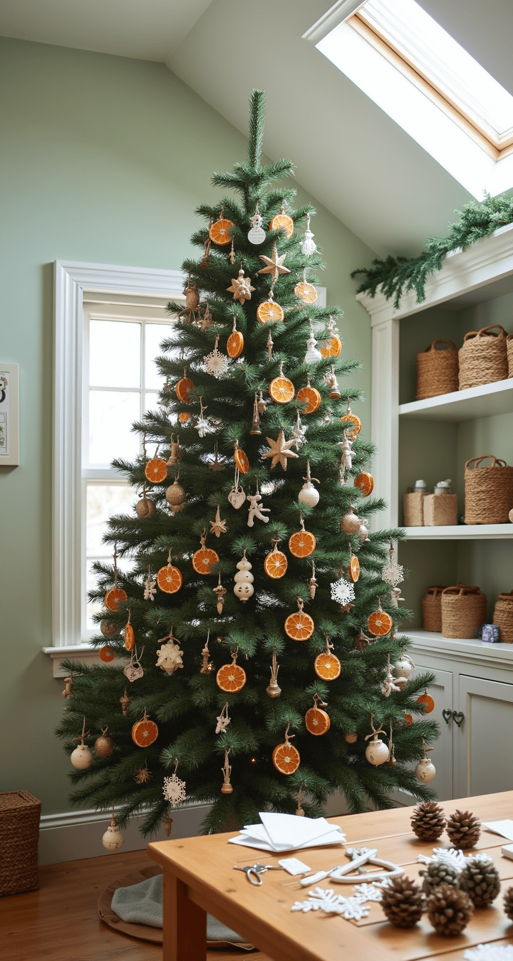 Bright crafting room featuring a 6ft Christmas tree adorned with handmade ornaments like dried orange slices, paper snowflakes, twine figures, and painted pinecones, illuminated by mid-morning light from skylights. The pale sage walls complement the white built-in storage and natural fiber baskets. A wooden craft table is scattered with supplies, enhancing the DIY atmosphere.