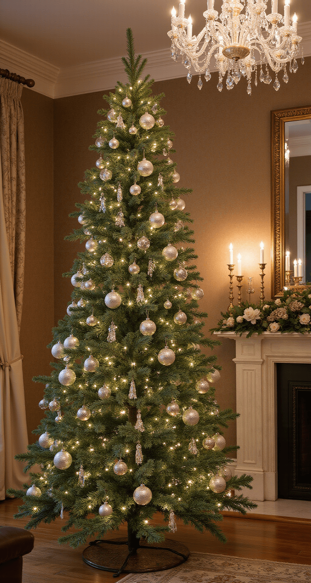 Elegant formal living room featuring a 10ft decorated Christmas tree with layers of mercury glass balls and crystal drops, illuminated by uplights. The space showcases silk damask wallpaper, a marble fireplace, gilded mirrors, and an overhead crystal chandelier, all enhanced by a warm metallic color scheme. The image is shot from a low angle to highlight the room's height and grandeur.