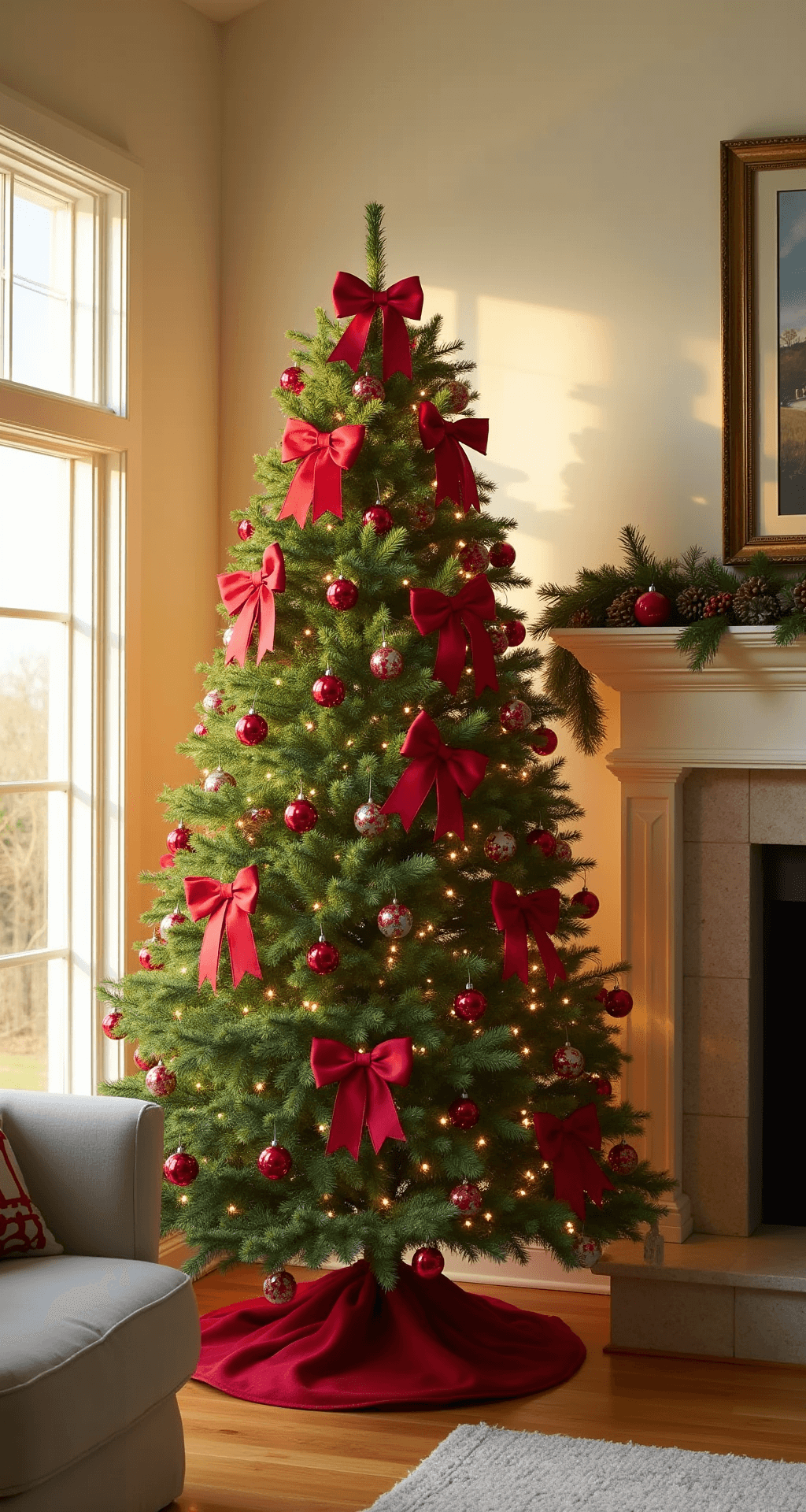 Bright and airy living room featuring a 9ft Noble Fir Christmas tree with classic three-loop bows, set in the corner beside a stone fireplace; sunlight streams through floor-to-ceiling windows, casting warm highlights on metallic crimson wired ribbon bows; cream walls and hardwood floors create an elegant backdrop, with each bow precisely positioned every 18 inches, enhancing the rhythmic pattern in the atmospheric haze.