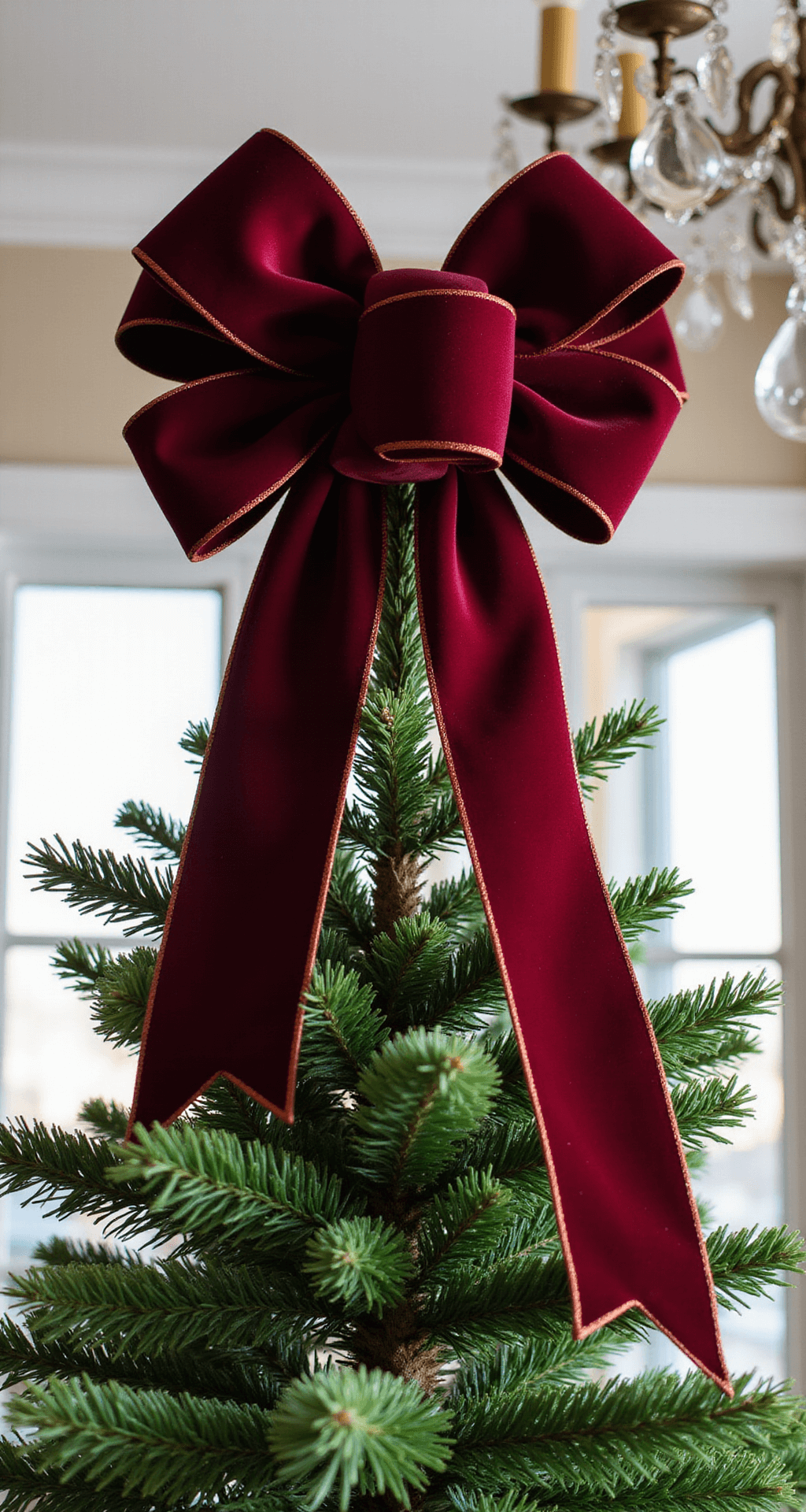 Close-up detail of a luxurious 12-loop burgundy velvet bow cascading from the top of a 7ft Fraser Fir, captured from below. Morning light highlights the ribbon's sheen, while a vintage crystal chandelier blurs softly in the background, contrasting with the rich emerald tree needles.