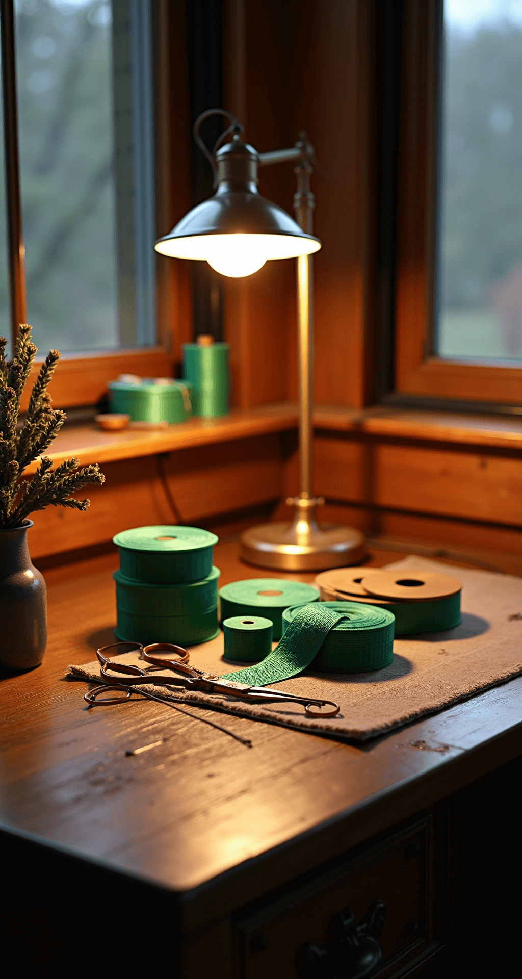 A warm, intimate craftsman-style den featuring a worktable near a bay window, displaying bow-making supplies like emerald wired ribbon, copper pipe cleaners, and scissors on a weathered oak surface. Ambient lamp lighting creates a cozy atmosphere, with a vintage brass desk lamp providing practical task lighting, and the texture of the ribbon weave is visible. Shot from an overhead angle.