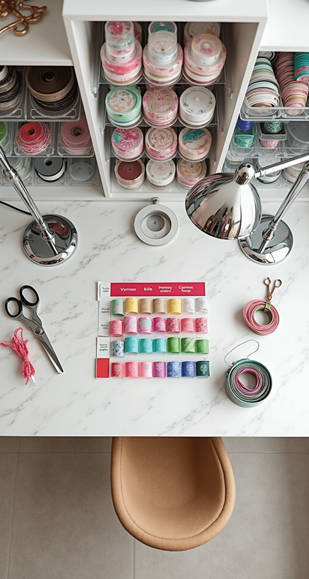 Aerial view of a modern craft room floodlit by soft northern light, showcasing an organized ribbon station with color-coordinated supplies on a white marble counter, featuring aligned premium scissors, labeled ribbon spools, and wire samples, illuminated by chrome task lamps, creating a high-key aesthetic with vibrant holiday ribbon accents.