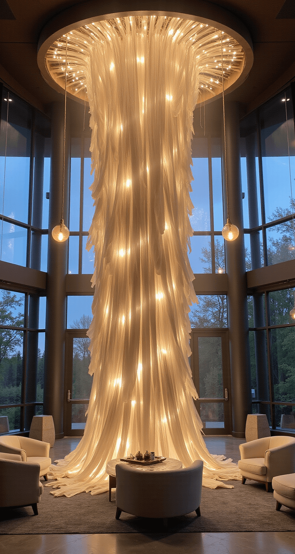 A dramatic twilight scene in a spacious great room featuring a 12ft tree with a champagne and ivory ribbon waterfall, modern minimal furniture in greys and creams, and geometric pendant lights, all enhanced by atmospheric haze and uplighting that emphasizes the ribbon texture.