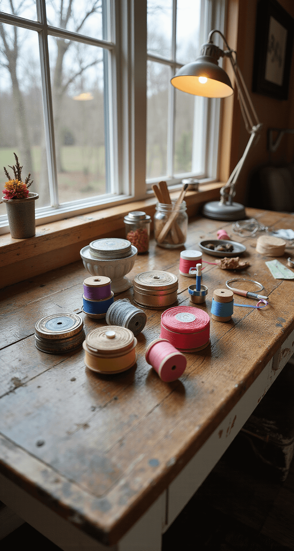 An intimate, cozy hobby room featuring a rustic farmhouse table adorned with affordable ribbon options and crafting supplies. The scene captures warm afternoon light illuminating the weathered wood surface, with mason jars storing tools and spools of ribbon arranged by color. A vintage task lamp adds soft accent lighting, highlighting the crafting area in a shallow depth of field.