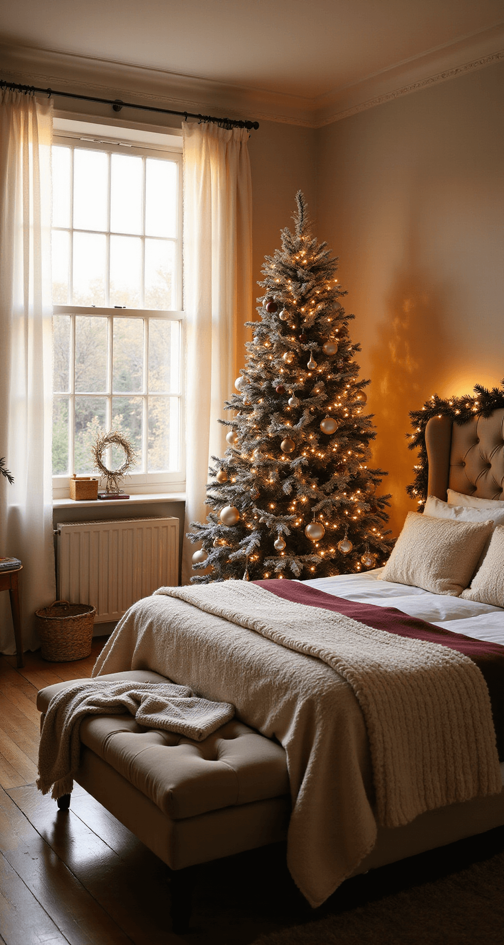 Magical Christmas Bedroom Decor: Transform Your Space into a Festive Sanctuary A cozy master bedroom bathed in golden hour light, featuring a king bed with cream and burgundy bedding, a 6ft Christmas tree with warm lights and vintage ornaments, and an ivory knit throw over a velvet bench, all framed by glowing copper wire lights.