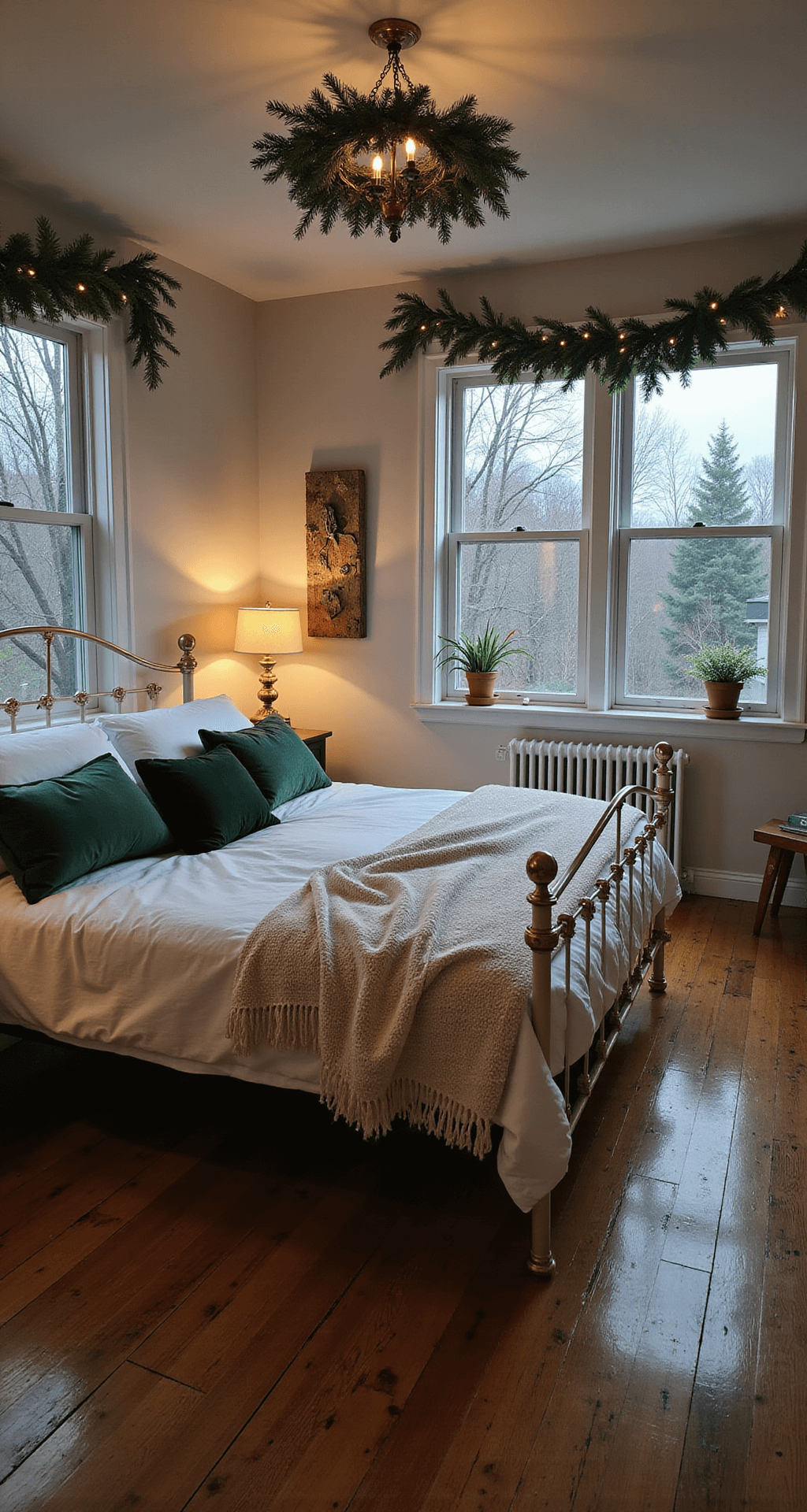 Magical Christmas Bedroom Decor: Transform Your Space into a Festive Sanctuary Cozy 12x12ft bedroom at dusk featuring a white iron bed with a pine wreath, dressed in white linens and forest green velvet pillows, vintage brass lamp illuminating weathered hardwood floors, and frosted pine garlands with integrated LEDs on window ledges, capturing a traditional yet modern mood.