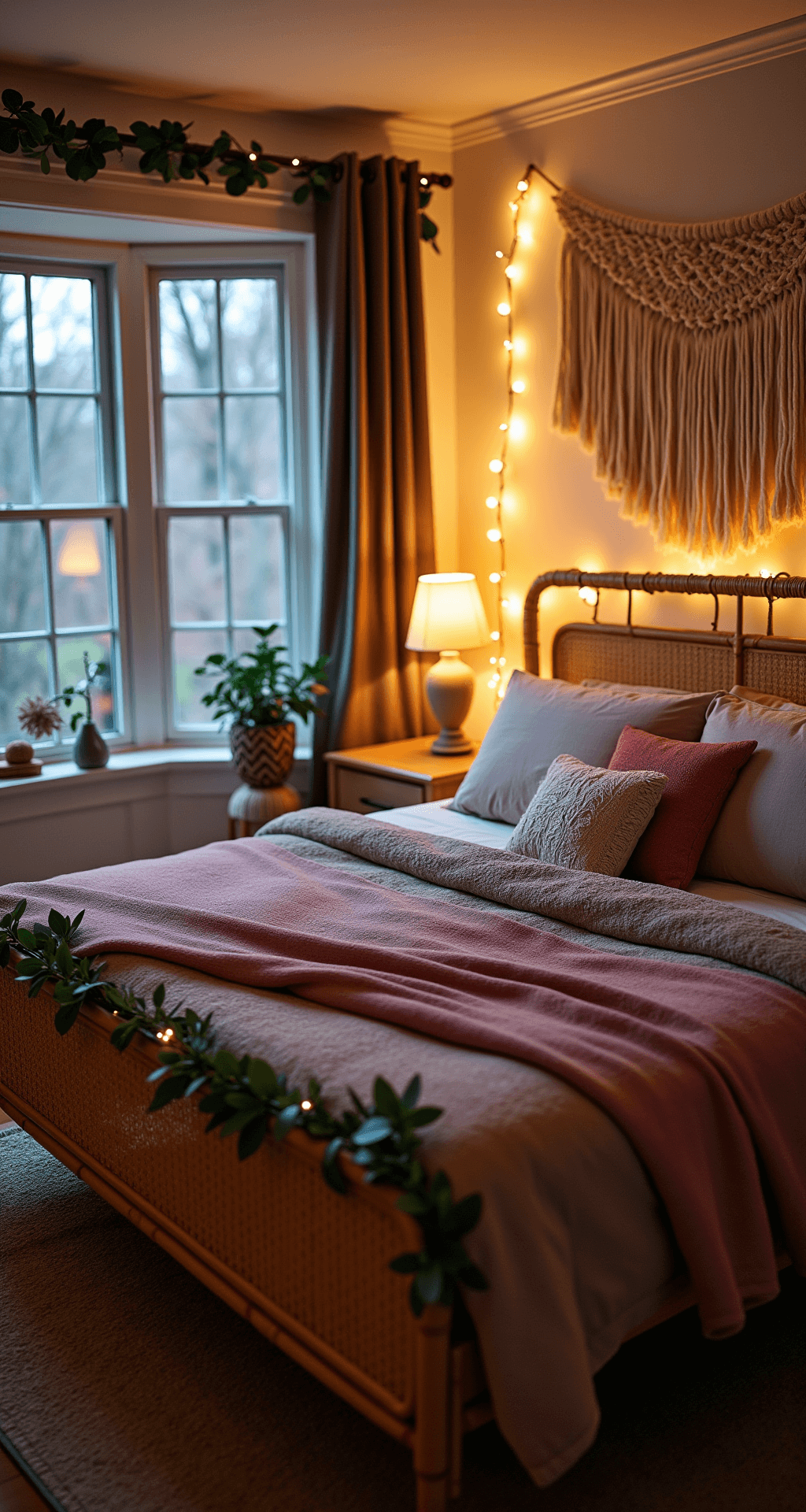 Magical Christmas Bedroom Decor: Transform Your Space into a Festive Sanctuary Boho-inspired bedroom at blue hour featuring a rattan bed frame with eucalyptus garland, layered muted berry and cream textiles, and a macramé wall hanging with twinkle lights, creating a romantic and eclectic atmosphere.