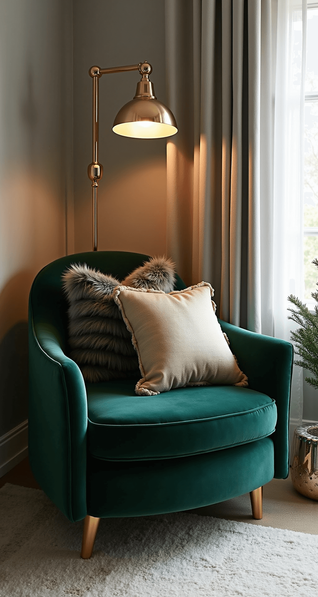 Magical Christmas Bedroom Decor: Transform Your Space into a Festive Sanctuary A lavish reading nook in a primary bedroom features an oversized emerald velvet armchair adorned with faux fur throws and metallic pillows, illuminated by a brass floor lamp. A Norfolk pine and mercury glass ornaments add elegance to the styled corner, captured from above at a 45-degree angle.